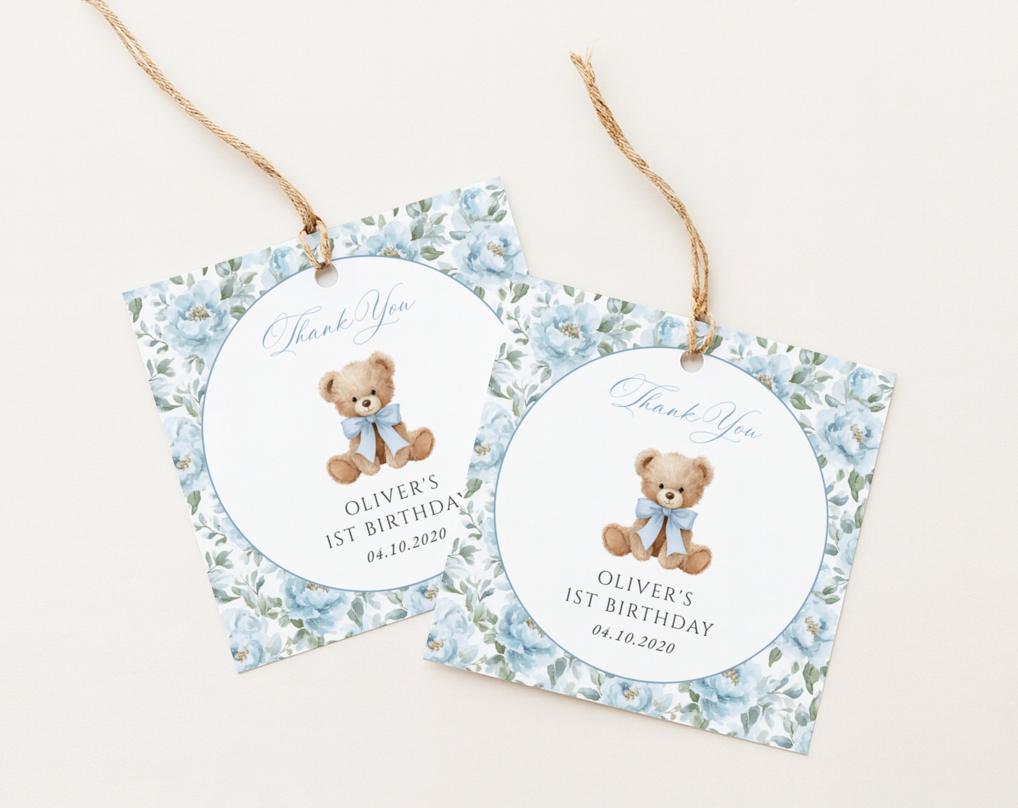 Teddy Bear and Blue Flowers Favor Tags, First Birthday, Boy Birthday, Printable File, Edit Yourself, SH238