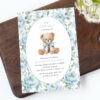 Teddy Bear and Blue Flowers First Birthday Invitation, Birthday Stationery, Boy Birthday, Printable File, Edit Yourself, SH238
