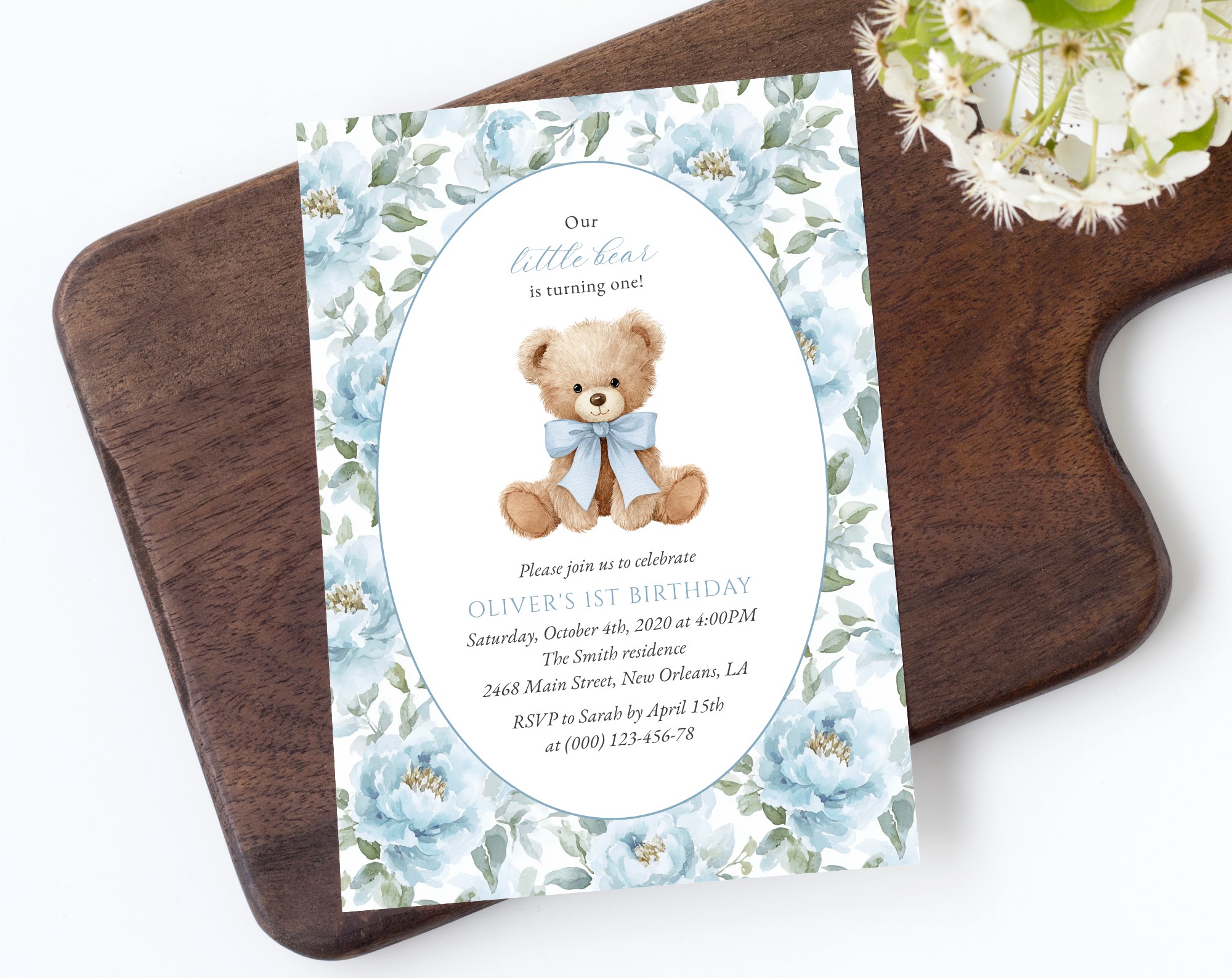 Teddy Bear and Blue Flowers First Birthday Invitation, Birthday Stationery, Boy Birthday, Printable File, Edit Yourself, SH238 Teddy Bear and Blue Flowers First Birthday Invitation, Birthday Stationery, Boy Birthday, Printable File, Edit Yourself, SH238