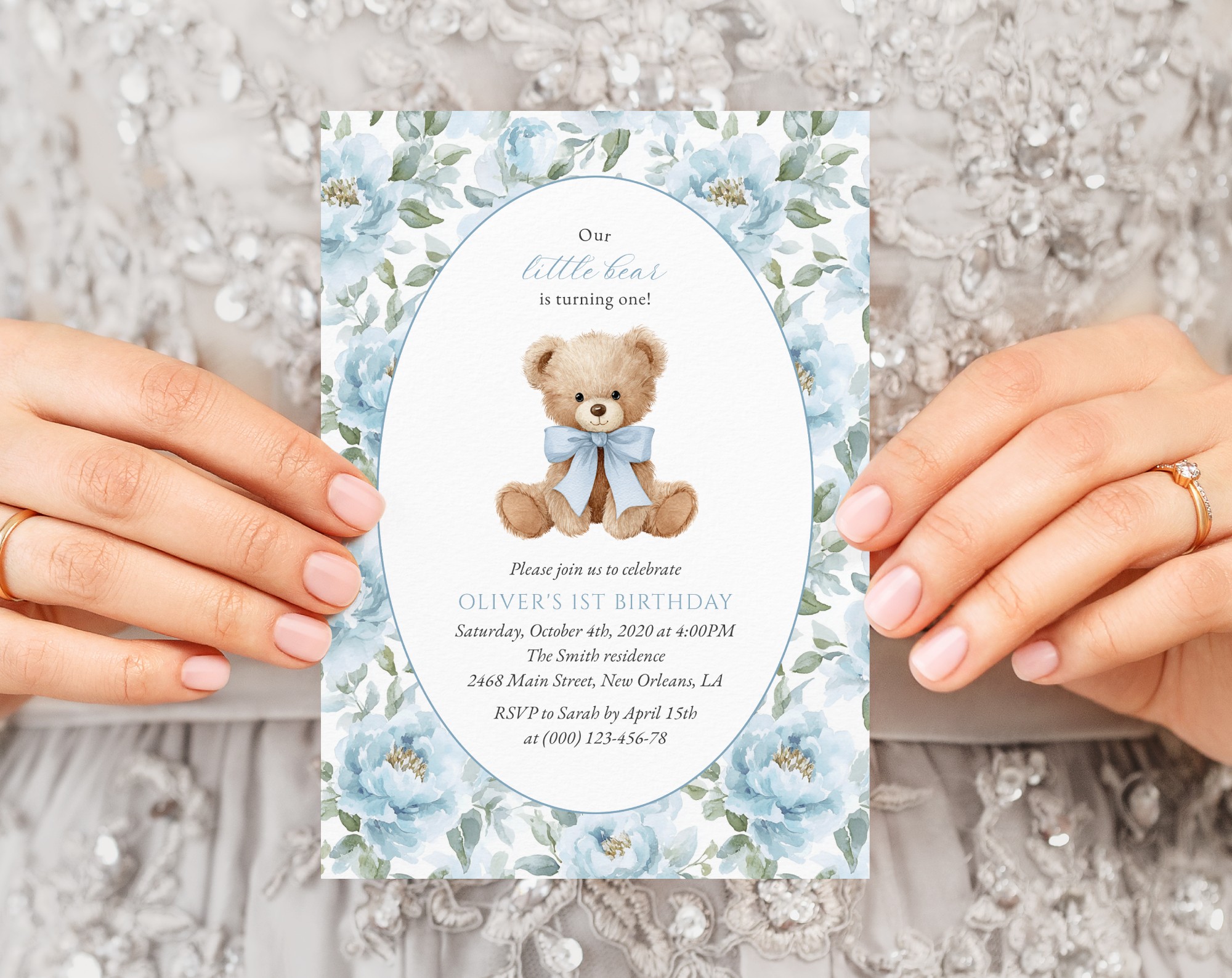 Teddy Bear and Blue Flowers First Birthday Invitation, Birthday Stationery, Boy Birthday, Printable File, Edit Yourself, SH238