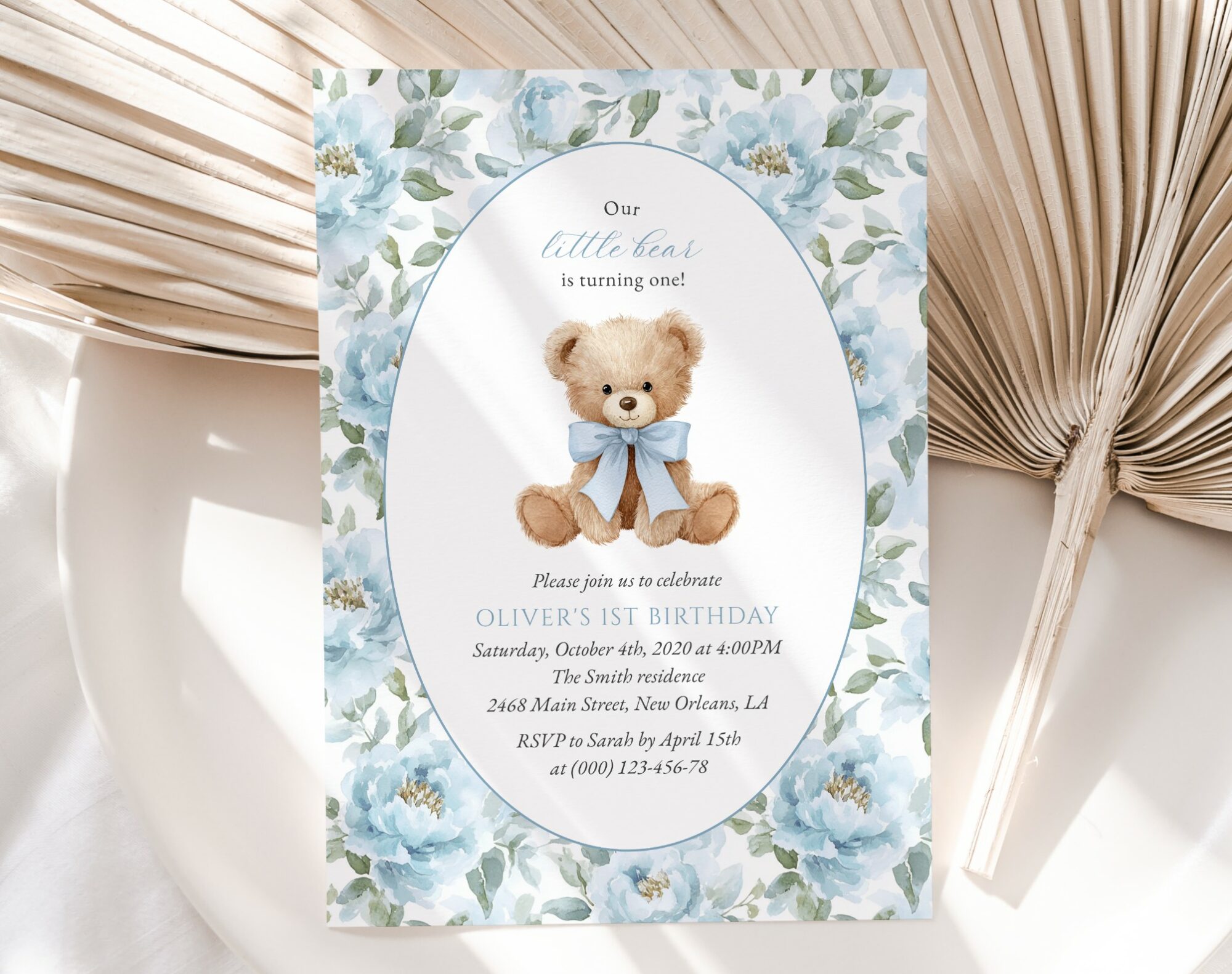 Teddy Bear and Blue Flowers First Birthday Invitation, Birthday Stationery, Boy Birthday, Printable File, Edit Yourself, SH238