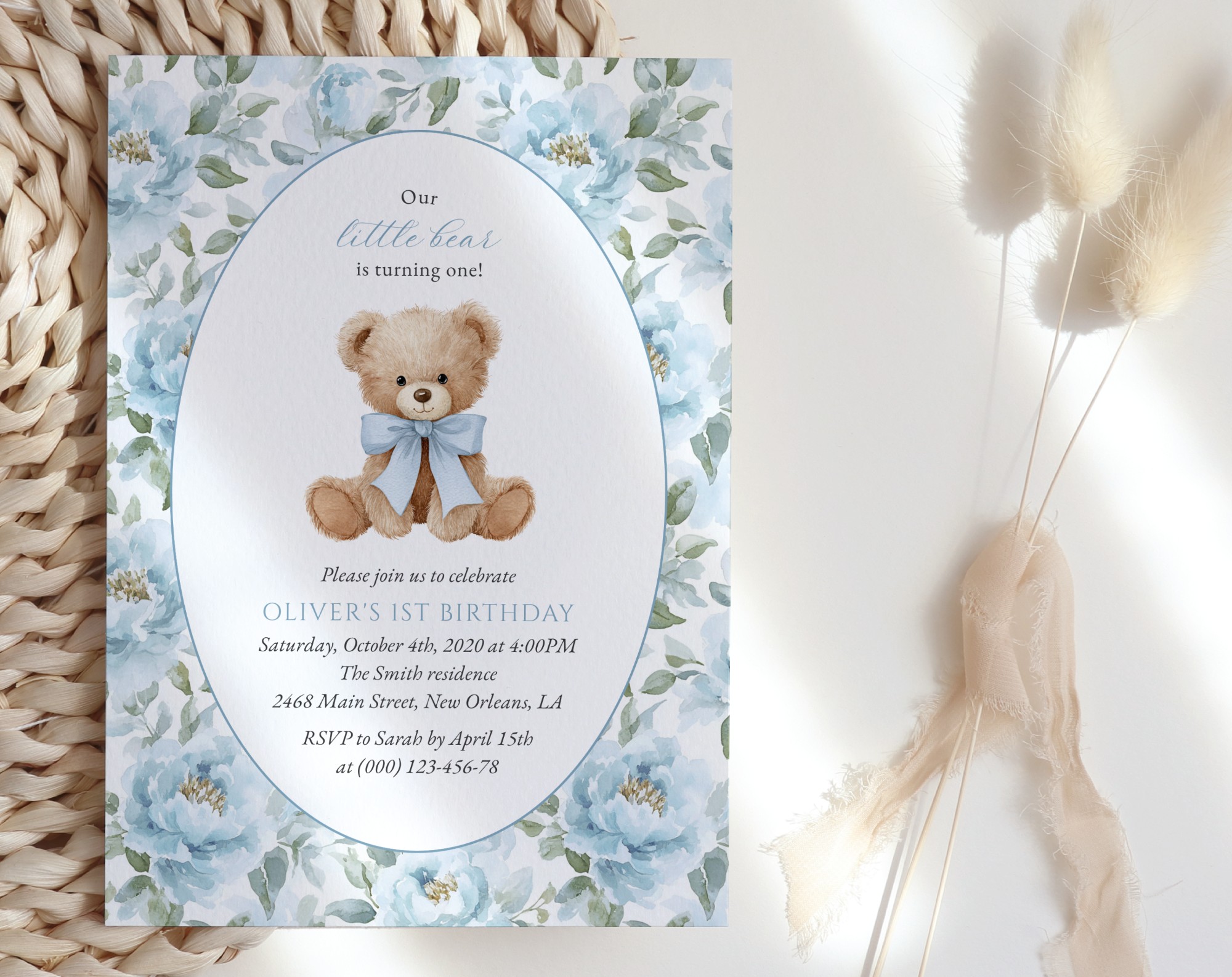 Teddy Bear and Blue Flowers First Birthday Invitation, Birthday Stationery, Boy Birthday, Printable File, Edit Yourself, SH238