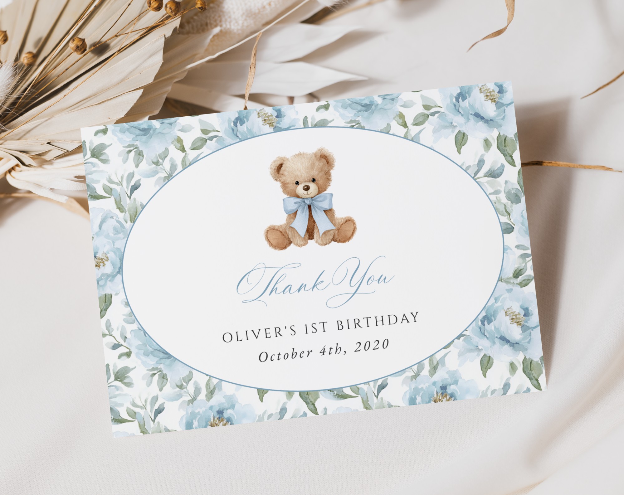 Teddy Bear and Blue Flowers Thank You Card, First Birthday, Boy Birthday, Printable File, Edit Yourself, SH238 Teddy Bear and Blue Flowers Thank You Card, First Birthday, Boy Birthday, Printable File, Edit Yourself, SH238