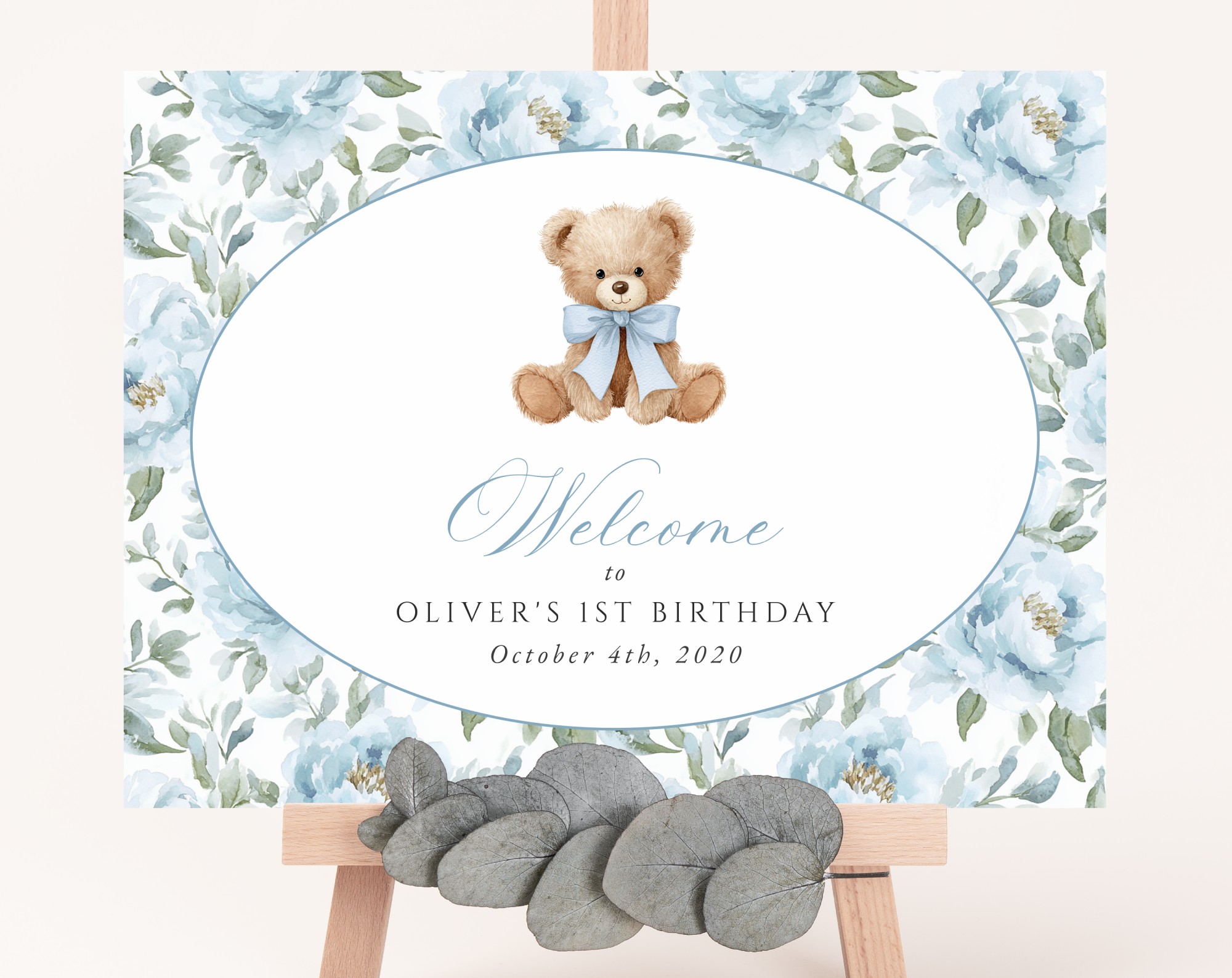 Teddy Bear and Blue Flowers Welcome Sign, First Birthday, Boy Birthday, Printable File, Edit Yourself, SH238