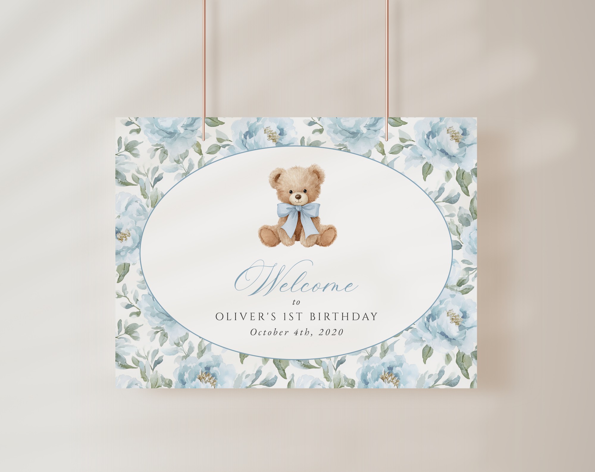 Teddy Bear and Blue Flowers Welcome Sign, First Birthday, Boy Birthday, Printable File, Edit Yourself, SH238