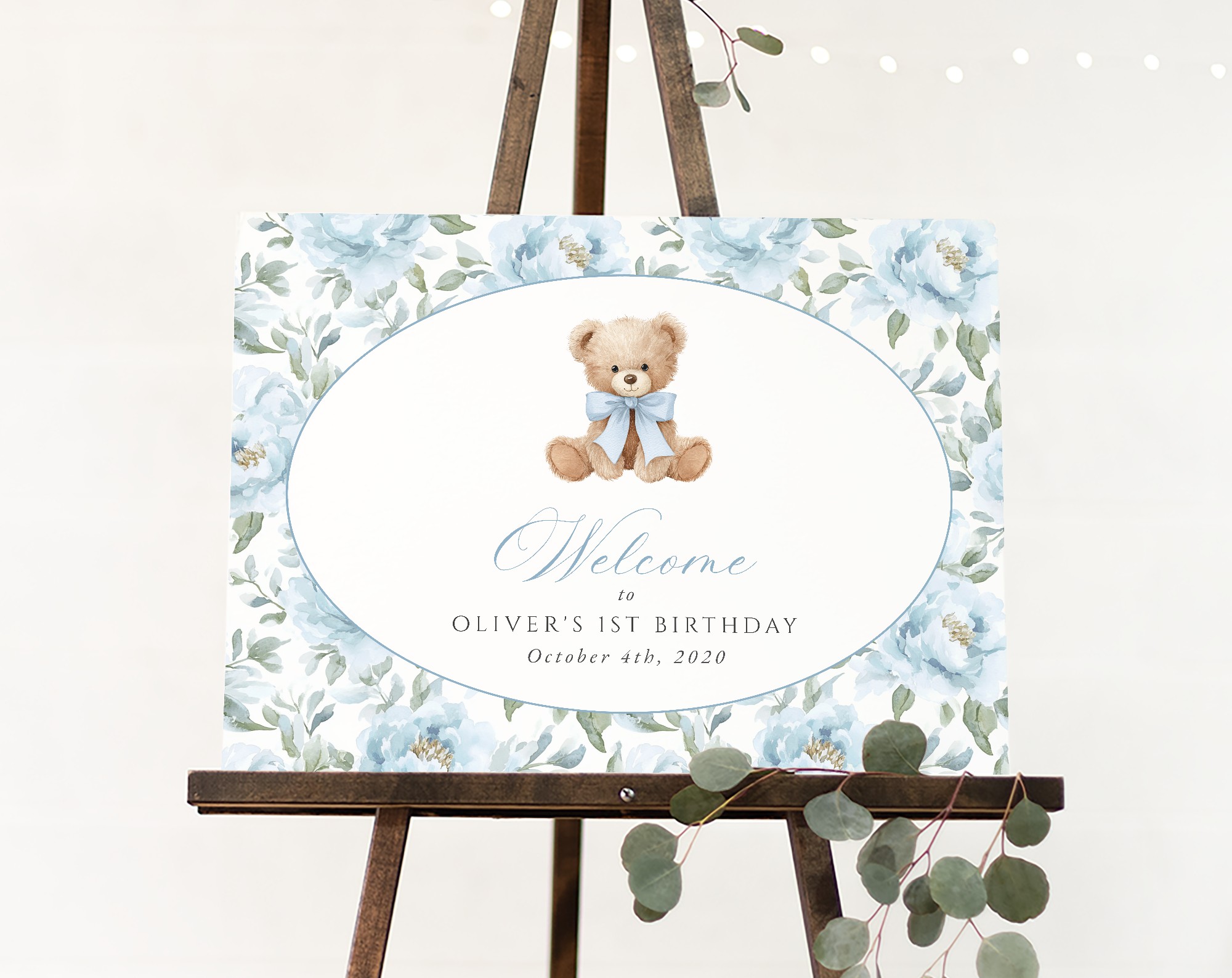 Teddy Bear and Blue Flowers Welcome Sign, First Birthday, Boy Birthday, Printable File, Edit Yourself, SH238