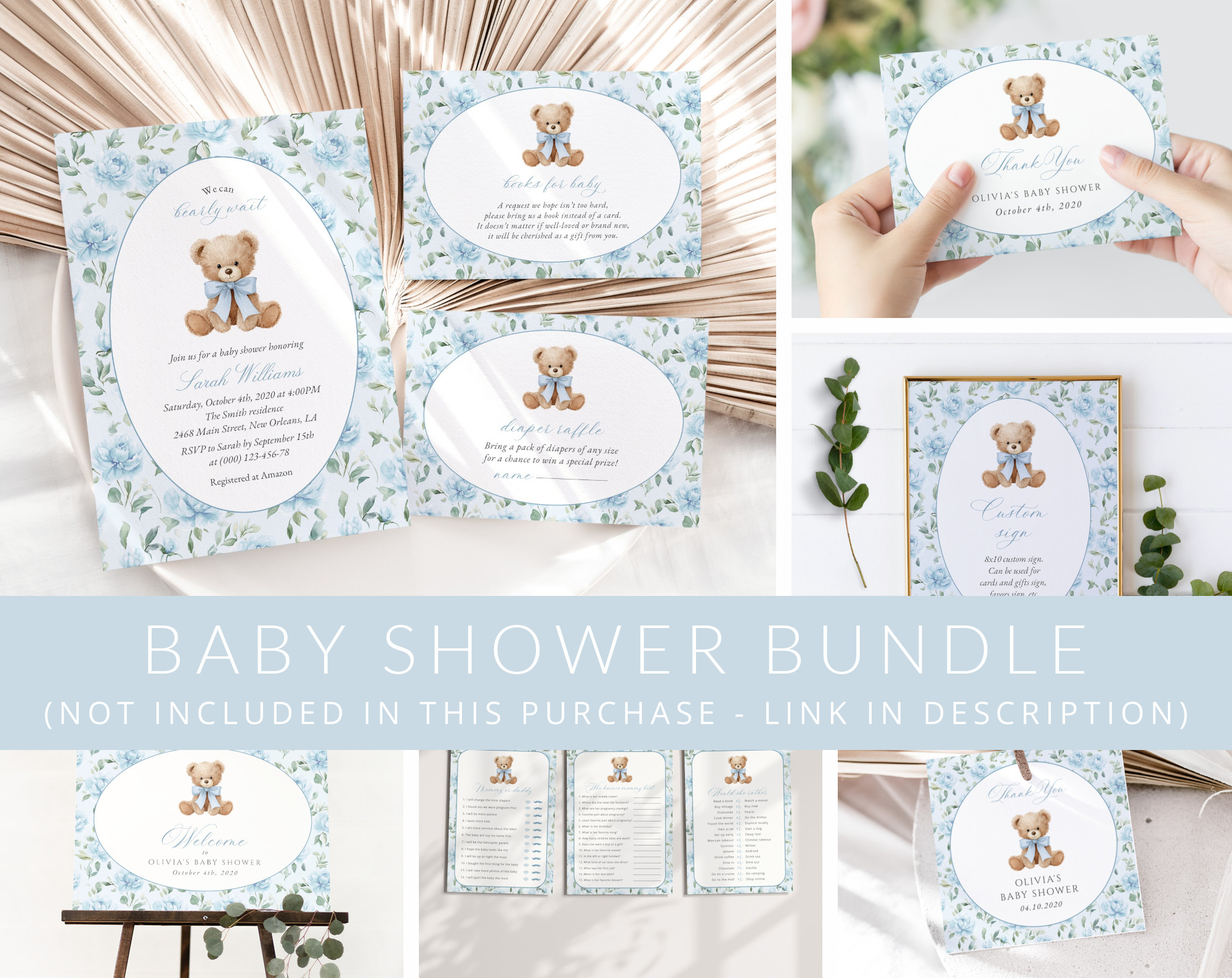 Cute Bear and Blue Flowers Baby Shower Mini Bundle, Boy Baby Shower, Printable File, Edit Yourself, SH239 Cute Bear and Blue Flowers Baby Shower Mini Bundle, Boy Baby Shower, Printable File, Edit Yourself, SH239