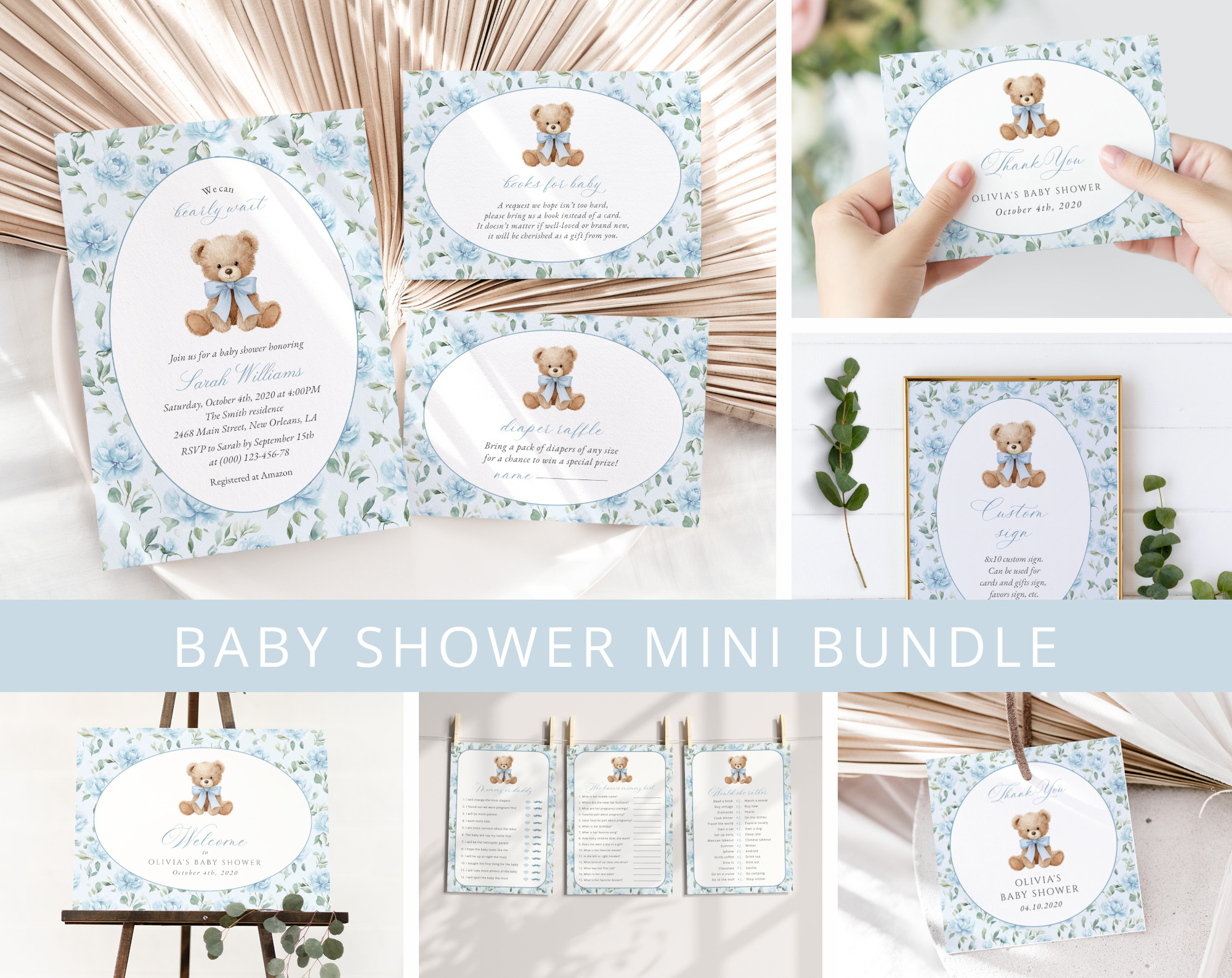 Cute Bear and Blue Flowers Baby Shower Mini Bundle, Boy Baby Shower, Printable File, Edit Yourself, SH239