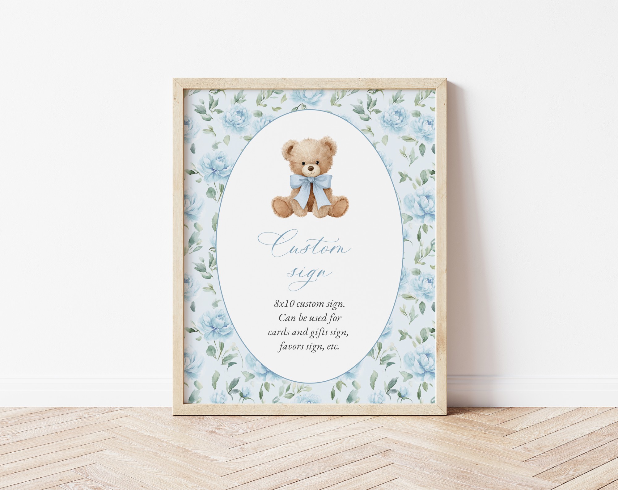 Cute Bear and Blue Flowers Custom Sign, Printable File, Edit Yourself, SH239 SH240 Cute Bear and Blue Flowers Custom Sign, Printable File, Edit Yourself, SH239 SH240