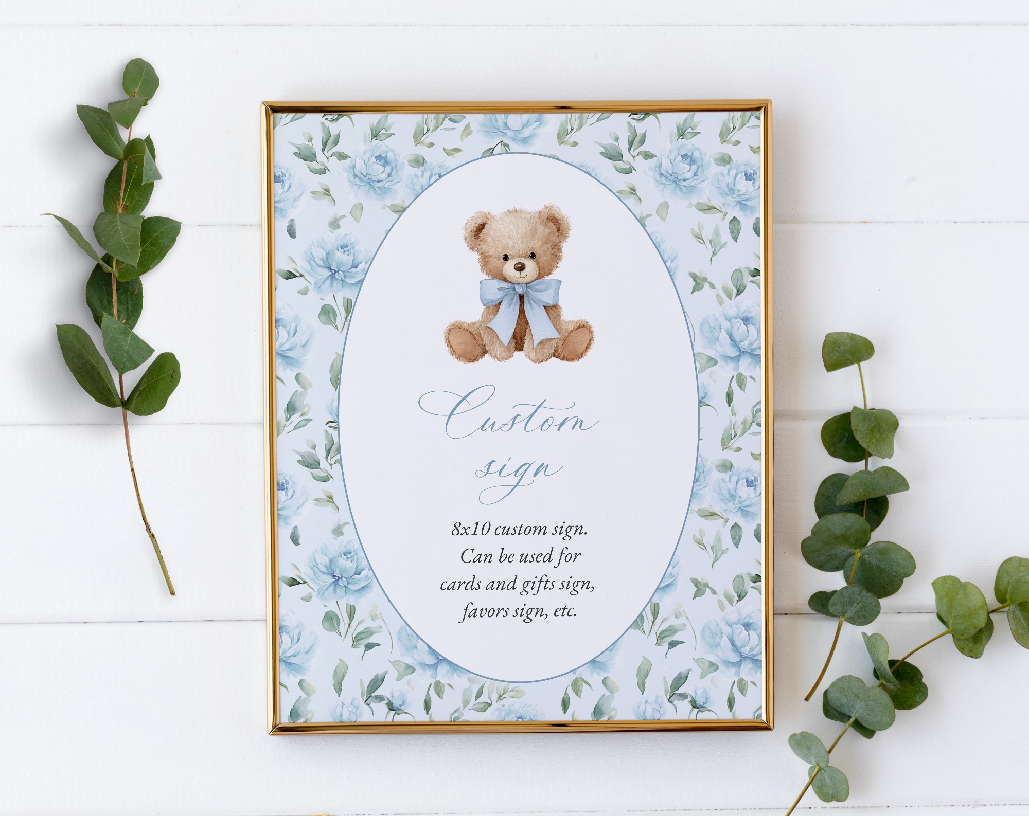 Cute Bear and Blue Flowers Custom Sign, Printable File, Edit Yourself, SH239 SH240 Cute Bear and Blue Flowers Custom Sign, Printable File, Edit Yourself, SH239 SH240