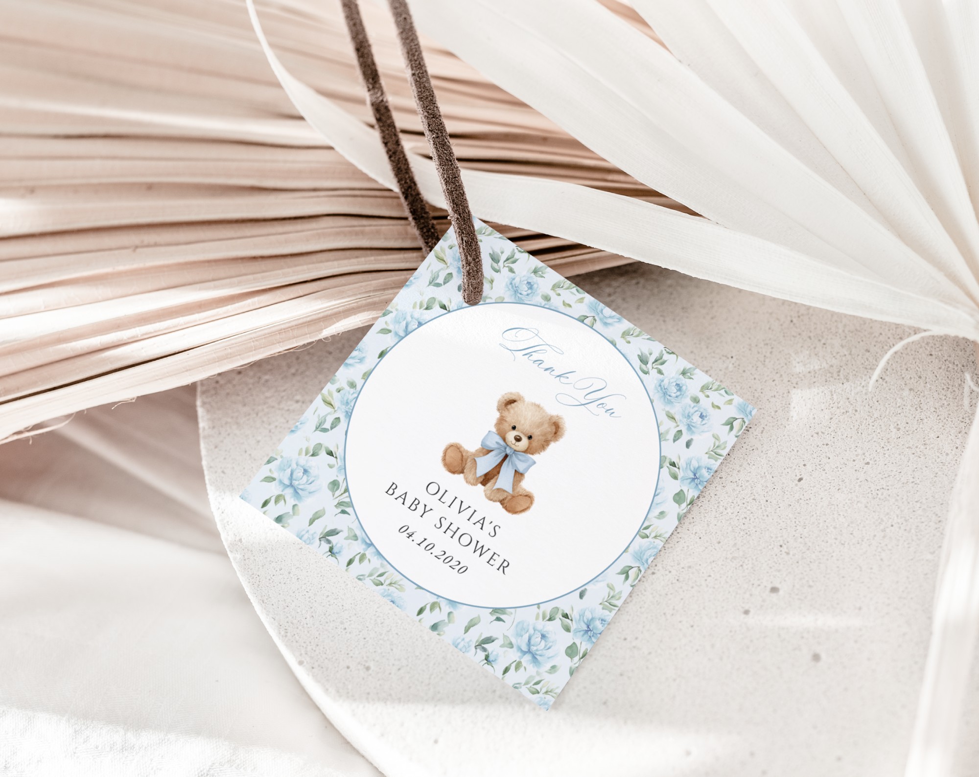 Cute Bear and Blue Flowers Favor Tags, Gift Tags, Boy Baby Shower, Printable File, Edit Yourself, SH239