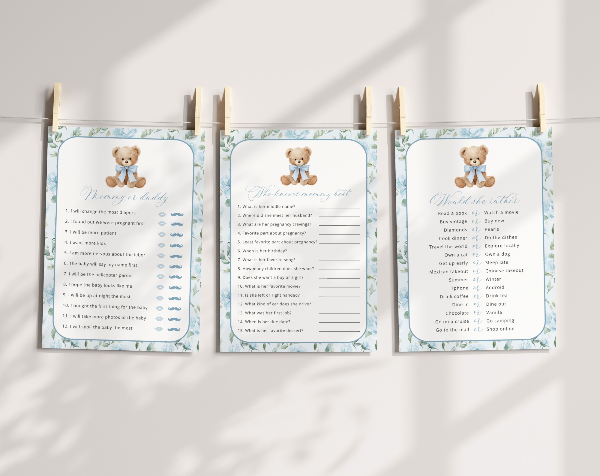 Cute Bear and Blue Flowers Baby Shower Games, Set of 3 Games, Boy Baby Shower, Printable File, Edit Yourself, SH239