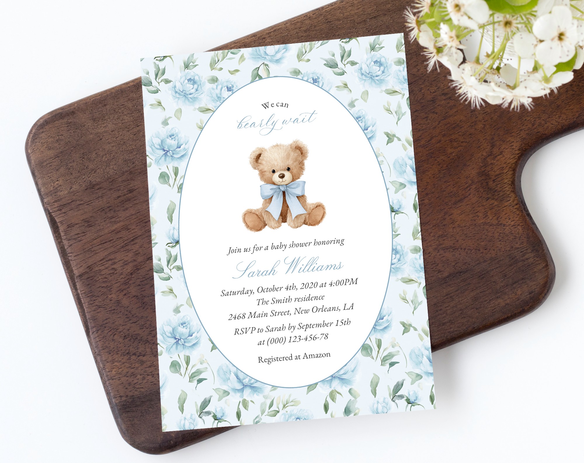 Cute Bear and Blue Flowers Baby Shower Invitation, Boy Baby Shower, Printable File, Edit Yourself, SH239 Cute Bear and Blue Flowers Baby Shower Invitation, Boy Baby Shower, Printable File, Edit Yourself, SH239