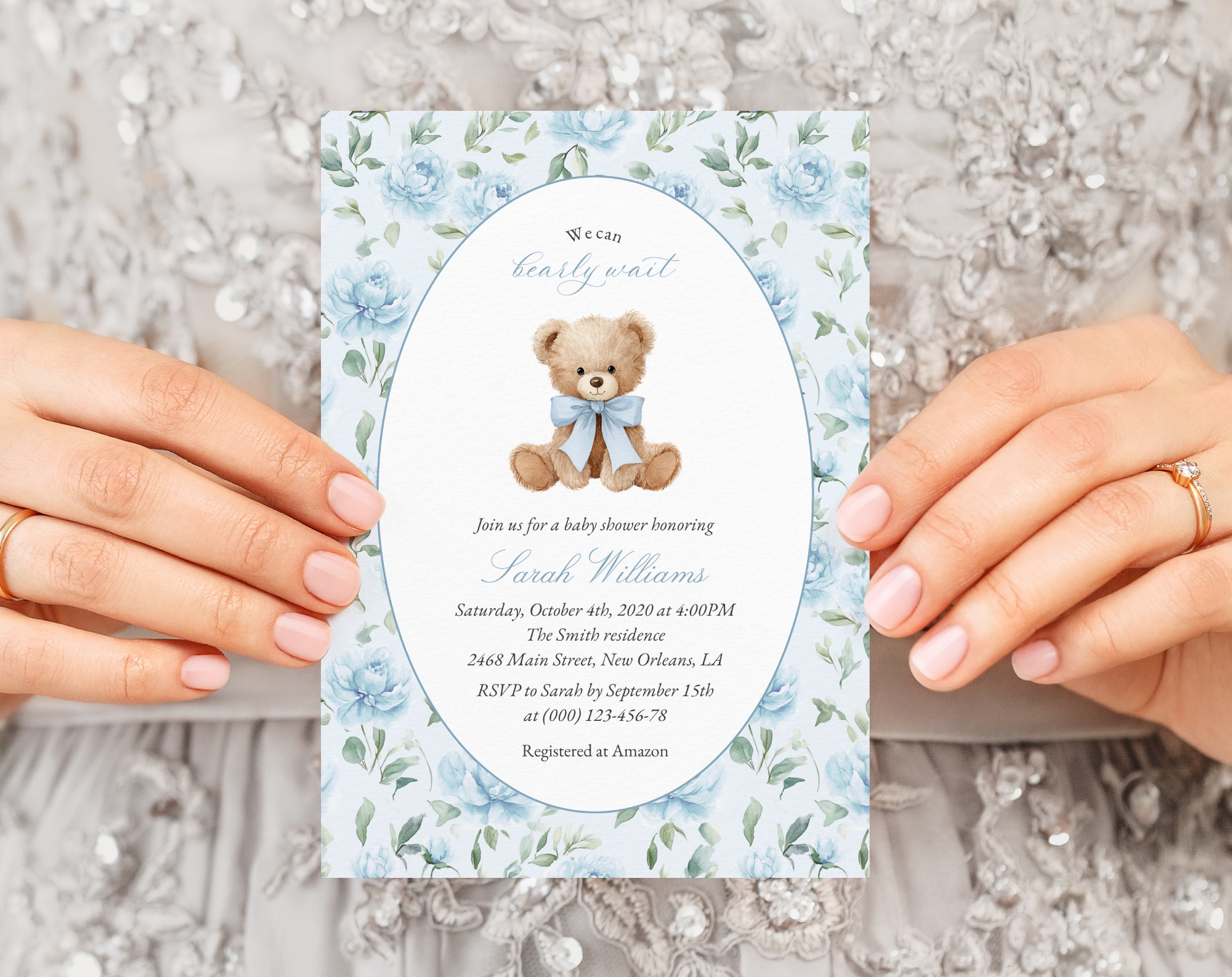 Cute Bear and Blue Flowers Baby Shower Invitation, Boy Baby Shower, Printable File, Edit Yourself, SH239
