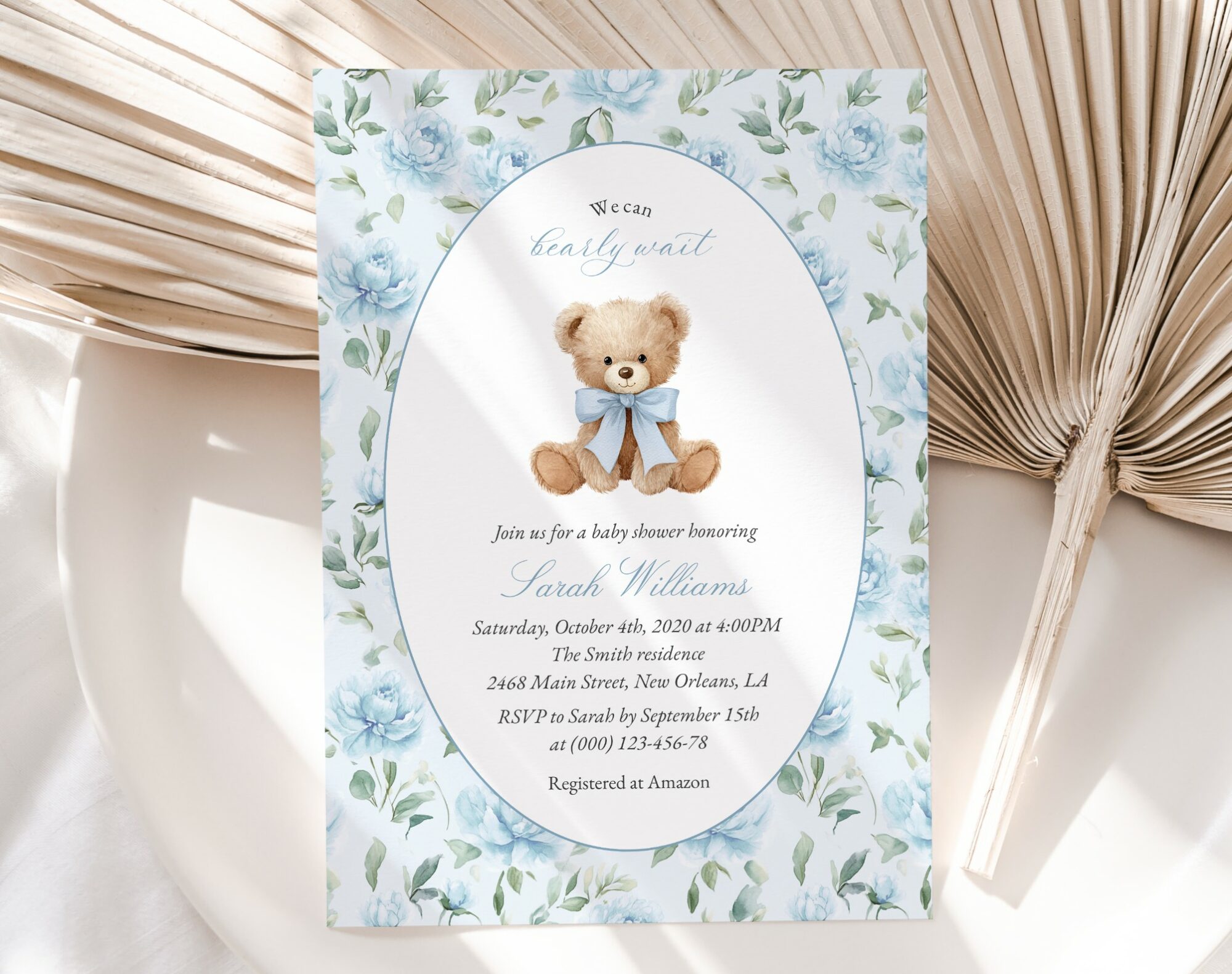 Cute Bear and Blue Flowers Baby Shower Invitation, Boy Baby Shower, Printable File, Edit Yourself, SH239