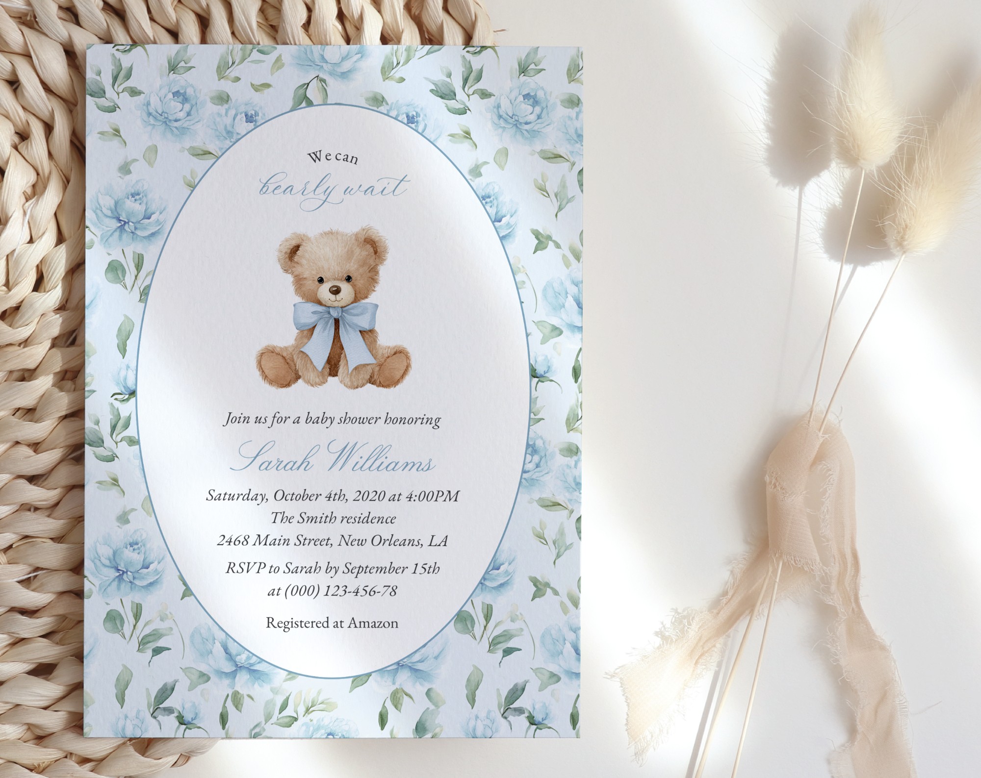 Cute Bear and Blue Flowers Baby Shower Invitation, Boy Baby Shower, Printable File, Edit Yourself, SH239