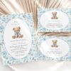 Cute Bear and Blue Flowers Baby Shower Invitation Suite, Boy Baby Shower, Printable File, Edit Yourself, SH239
