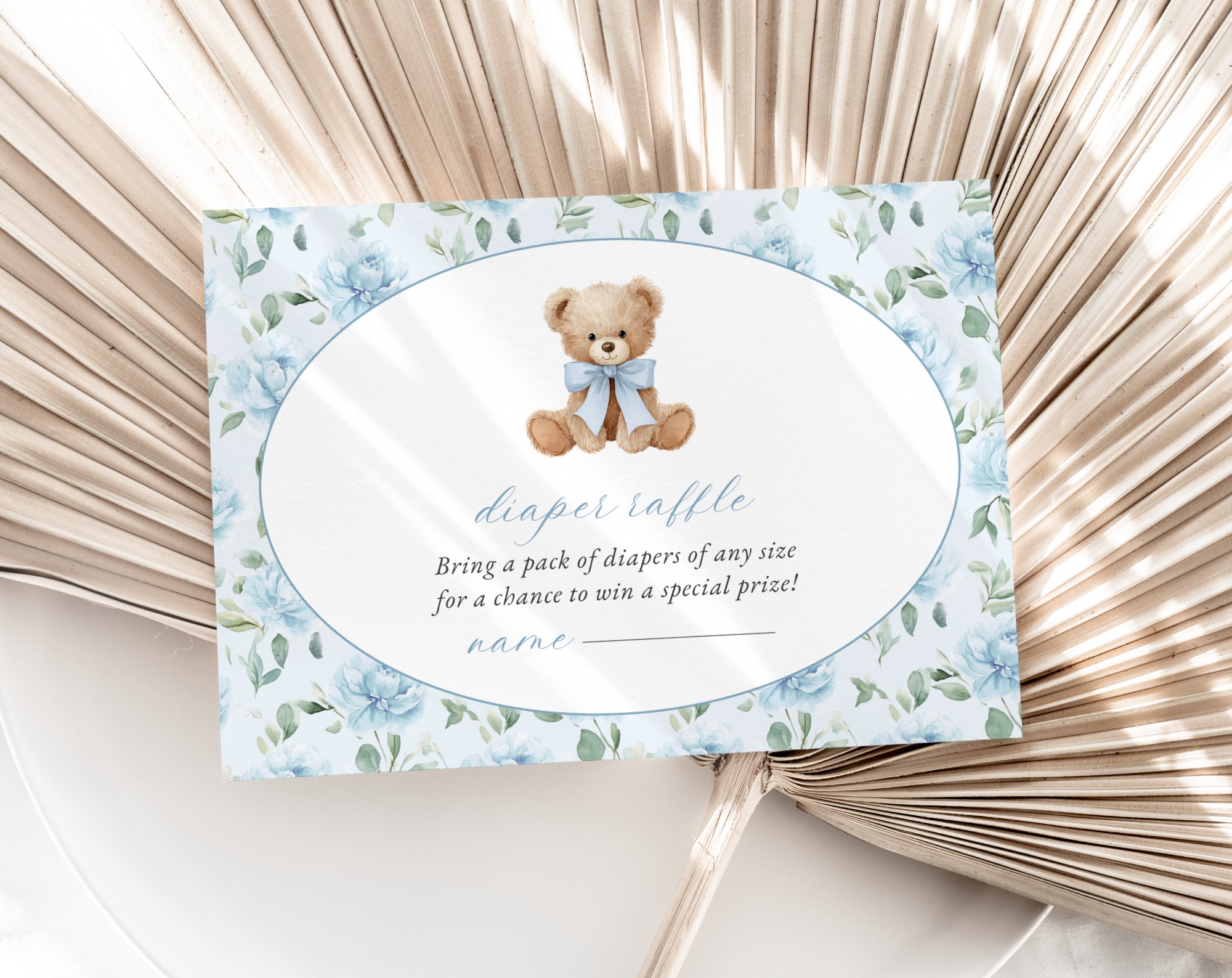 Cute Bear and Blue Flowers Baby Shower Invitation Suite, Boy Baby Shower, Printable File, Edit Yourself, SH239