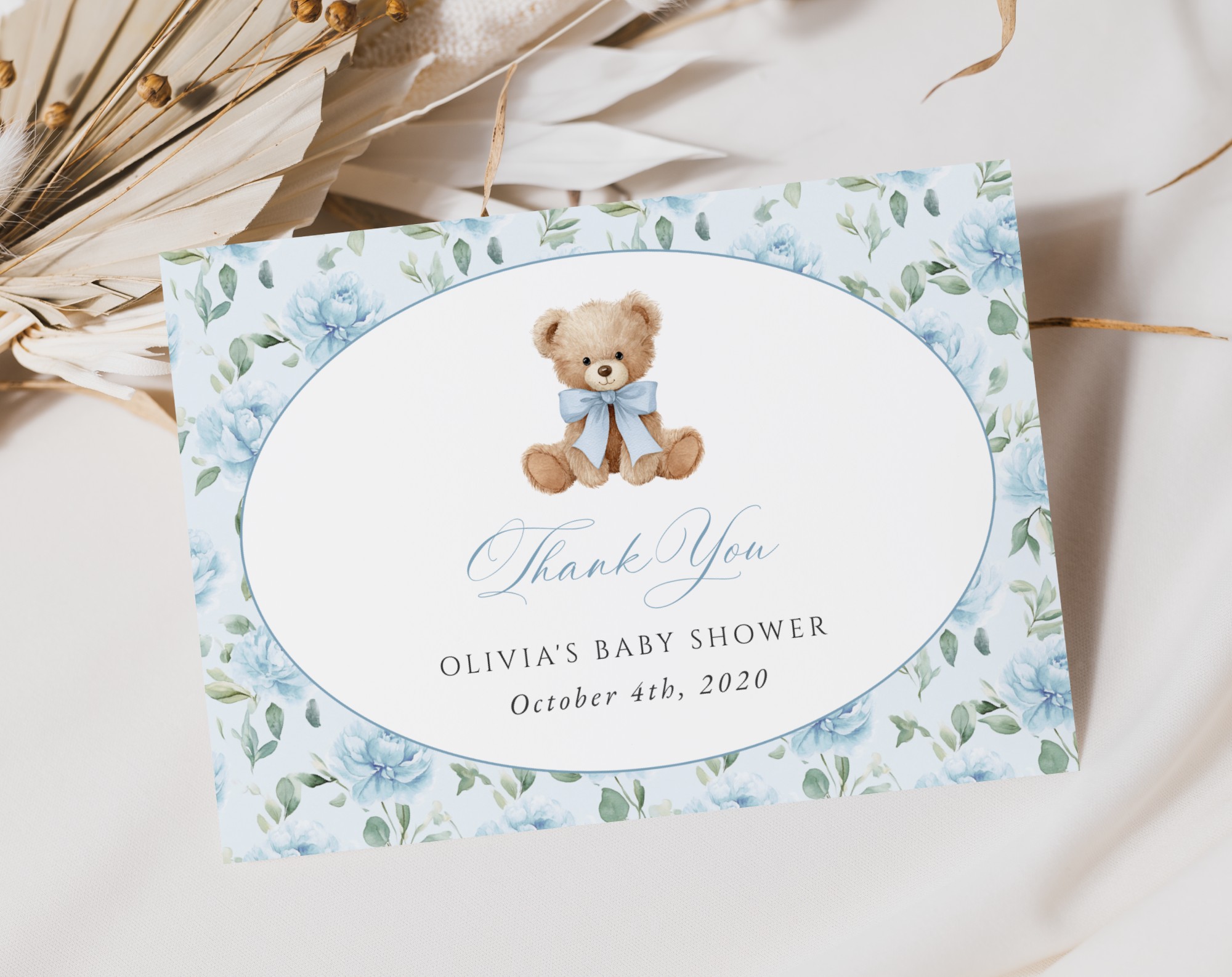 Cute Bear and Blue Flowers Thank You Card, Boy Baby Shower, Printable File, Edit Yourself, SH239