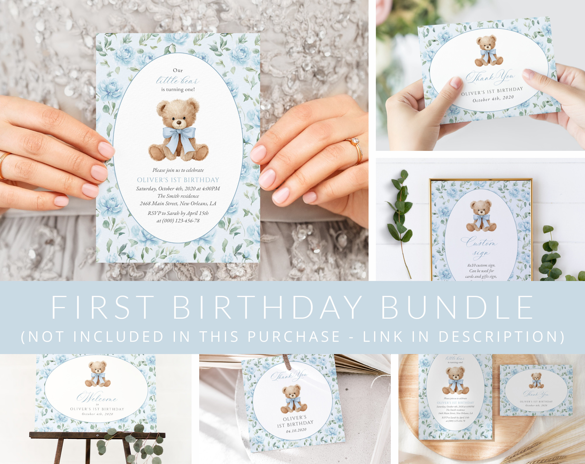 Cute Bear and Blue Flowers First Birthday Mini Bundle, Boy Birthday, Printable File, Edit Yourself, SH240 Cute Bear and Blue Flowers First Birthday Mini Bundle, Boy Birthday, Printable File, Edit Yourself, SH240