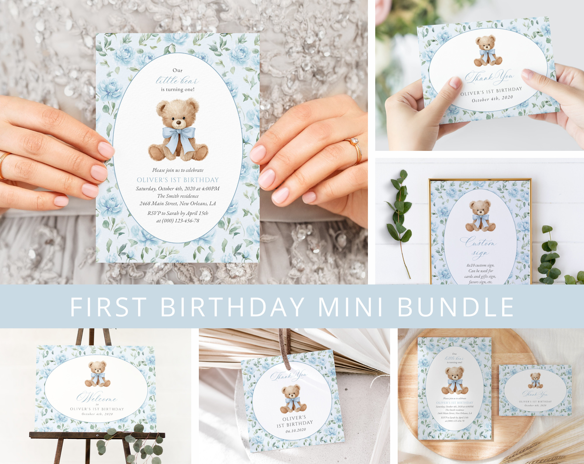 Cute Bear and Blue Flowers First Birthday Mini Bundle, Boy Birthday, Printable File, Edit Yourself, SH240