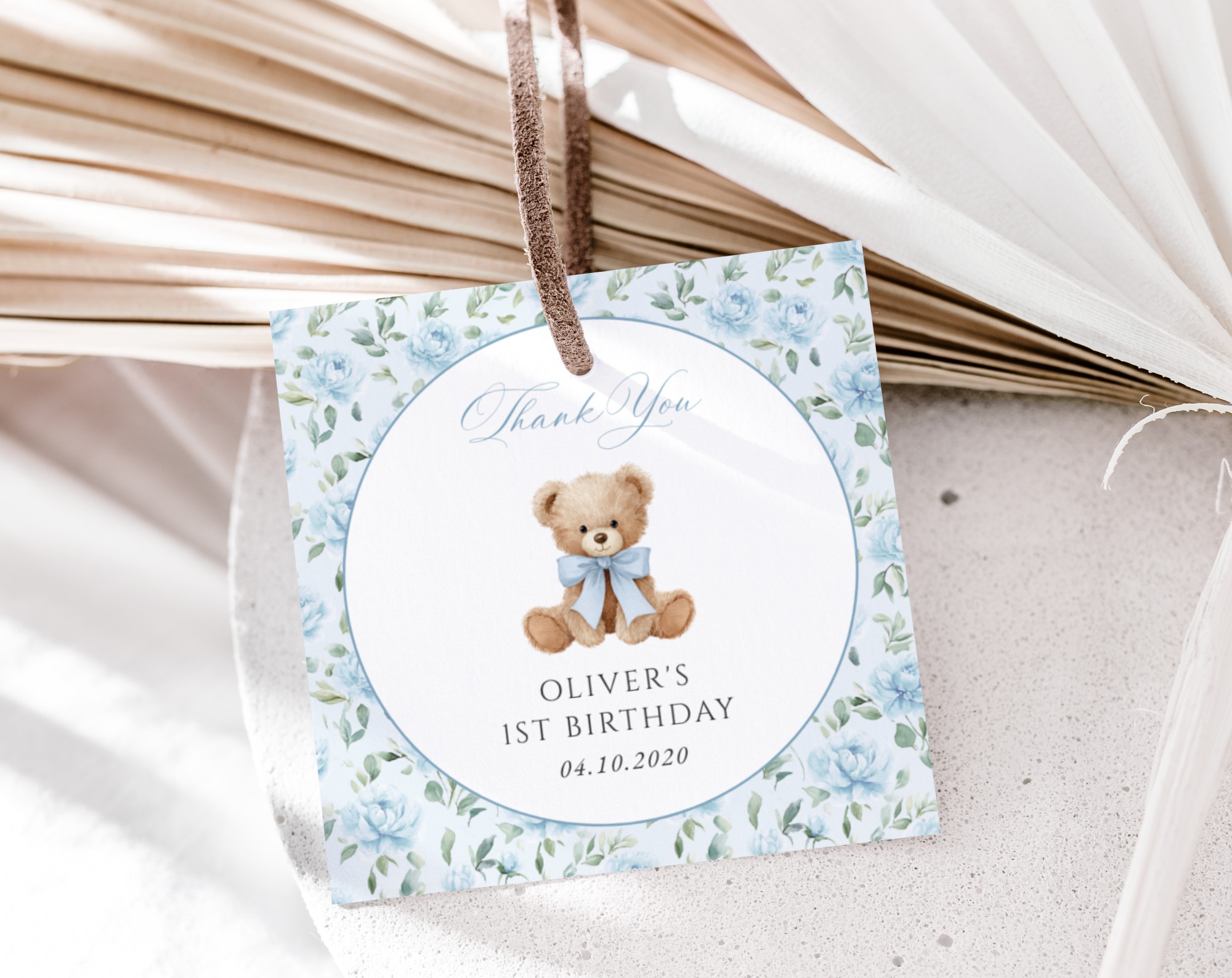 Cute Bear and Blue Flowers Favor Tags, First Birthday, Boy Birthday, Printable File, Edit Yourself, SH240