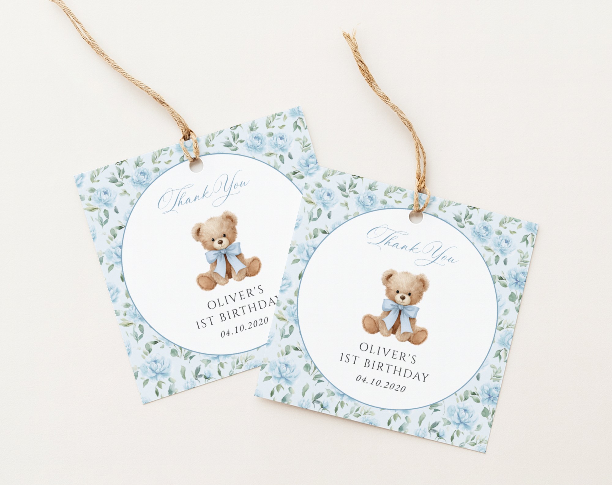 Cute Bear and Blue Flowers Favor Tags, First Birthday, Boy Birthday, Printable File, Edit Yourself, SH240