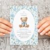 Cute Bear and Blue Flowers First Birthday Invitation, Birthday Stationery, Boy Birthday, Printable File, Edit Yourself, SH240
