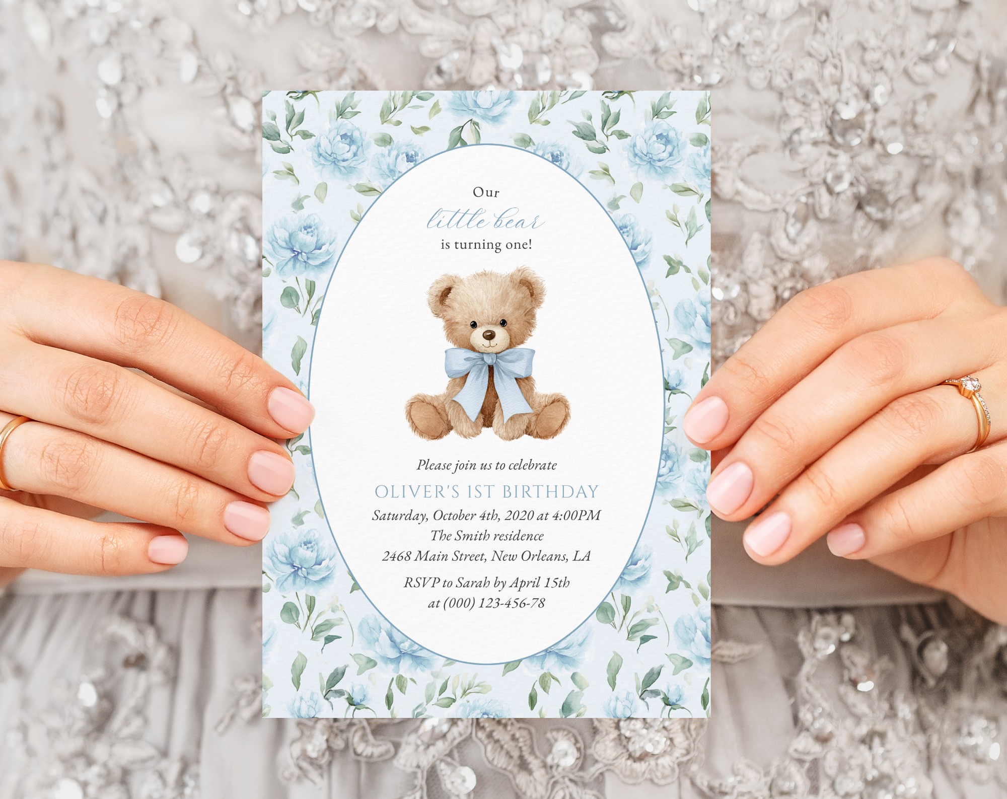 Cute Bear and Blue Flowers First Birthday Invitation, Birthday Stationery, Boy Birthday, Printable File, Edit Yourself, SH240