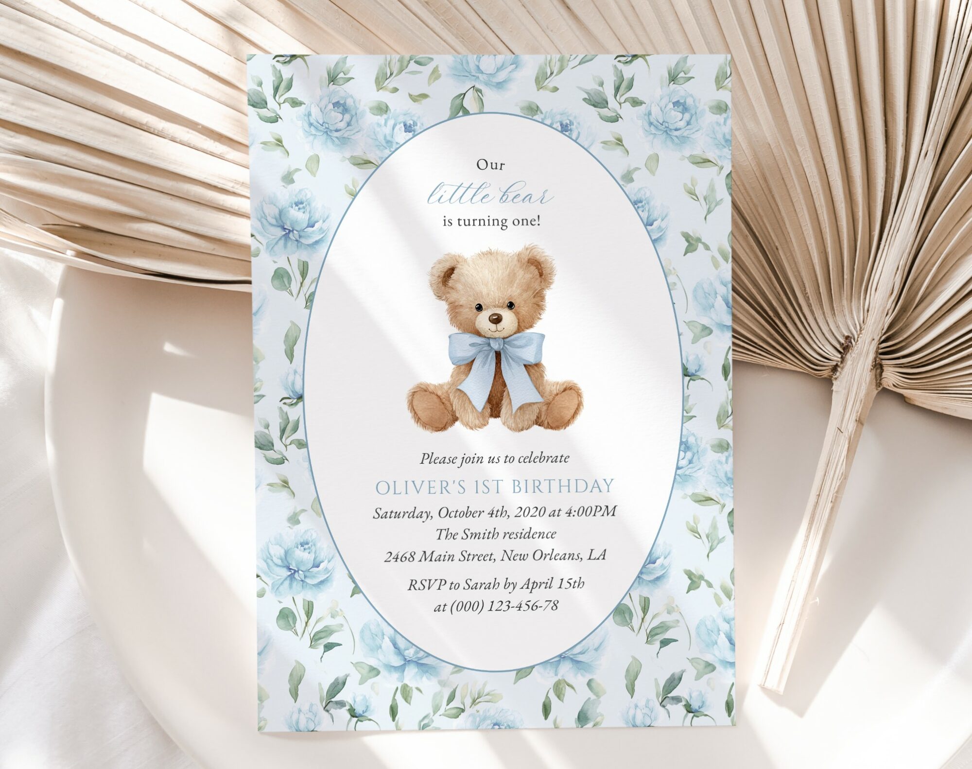 Cute Bear and Blue Flowers First Birthday Invitation, Birthday Stationery, Boy Birthday, Printable File, Edit Yourself, SH240