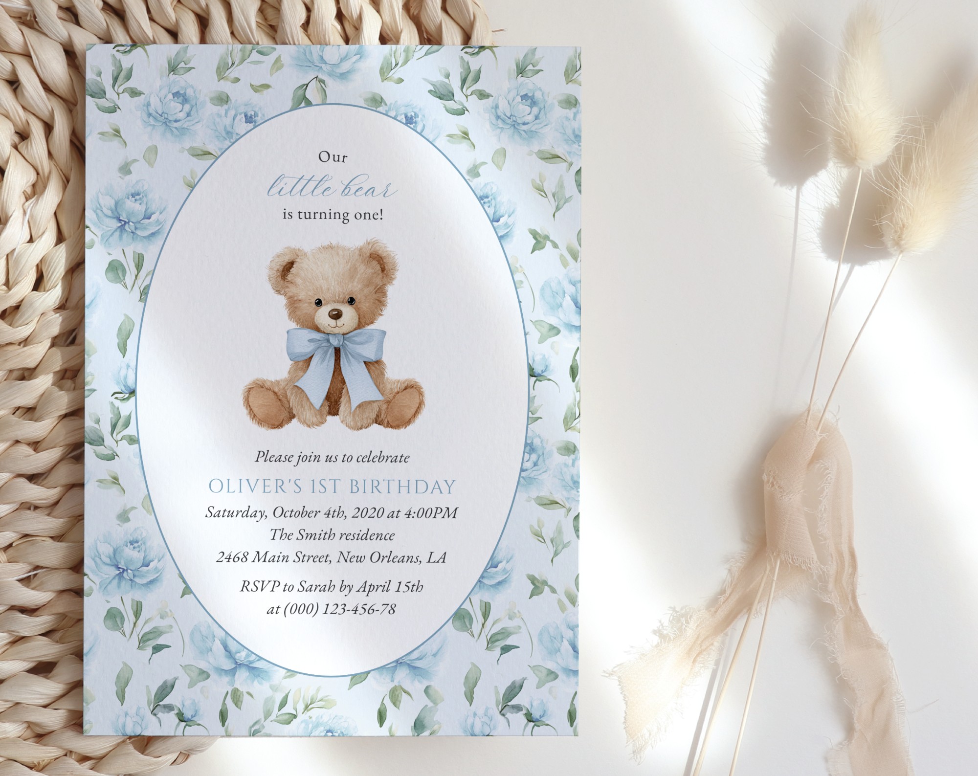 Cute Bear and Blue Flowers First Birthday Invitation, Birthday Stationery, Boy Birthday, Printable File, Edit Yourself, SH240
