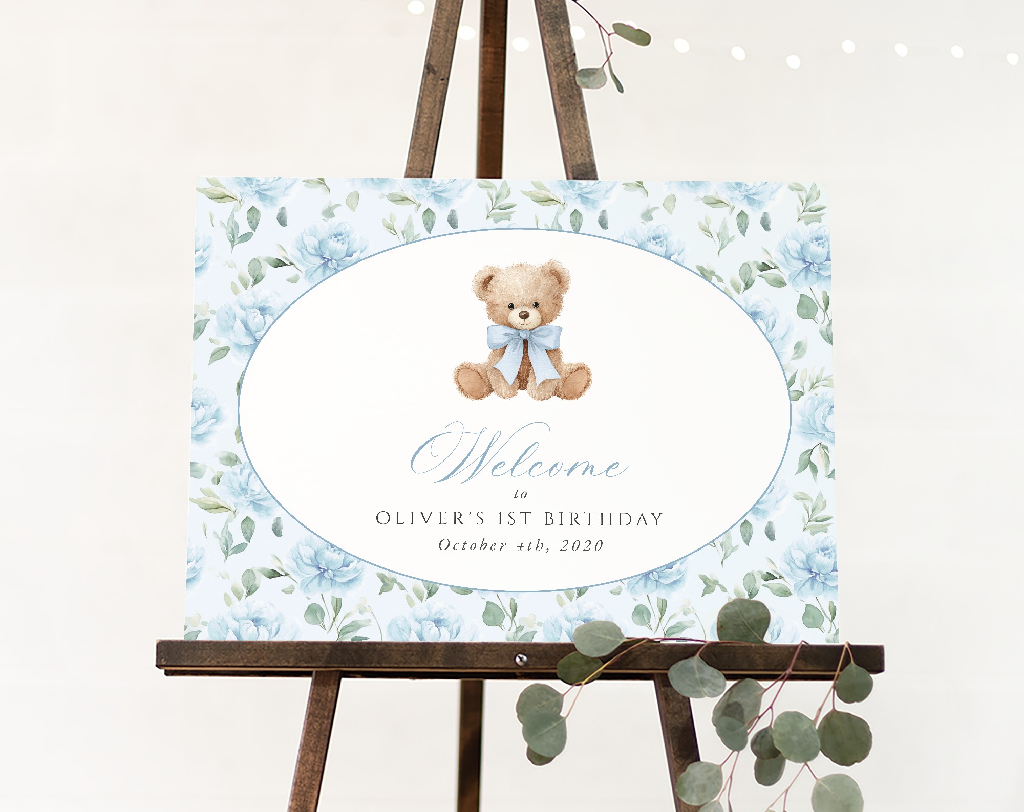 Cute Bear and Blue Flowers Welcome Sign, First Birthday, Boy Birthday, Printable File, Edit Yourself, SH240