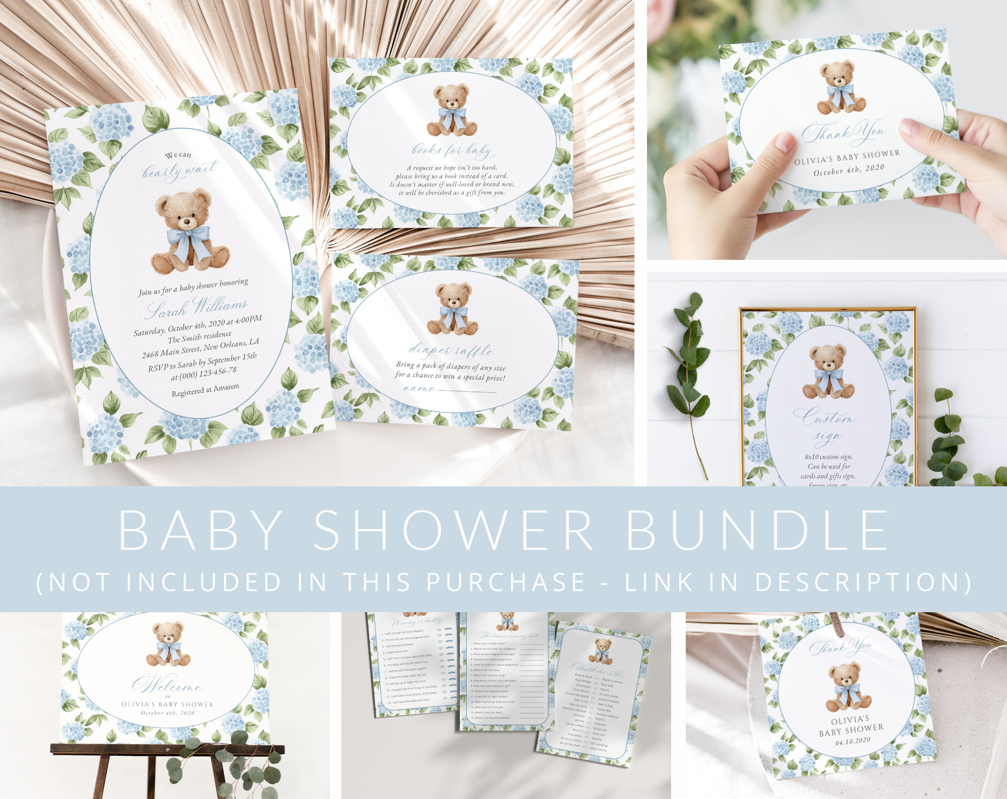Baby Bear and Blue Flowers Baby Shower Mini Bundle, Boy Baby Shower, Printable File, Edit Yourself, SH241