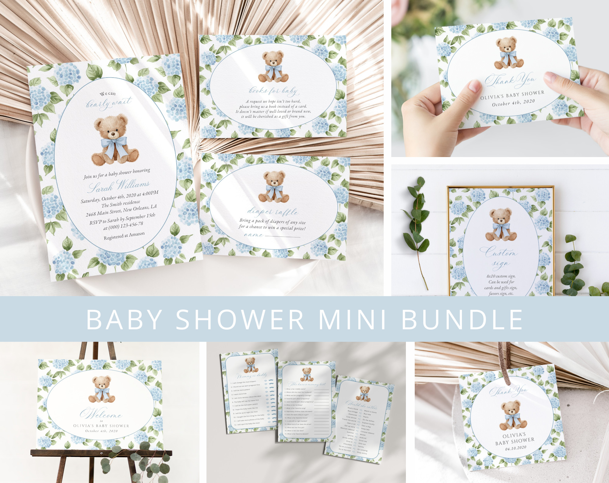 Baby Bear and Blue Flowers Baby Shower Mini Bundle, Boy Baby Shower, Printable File, Edit Yourself, SH241