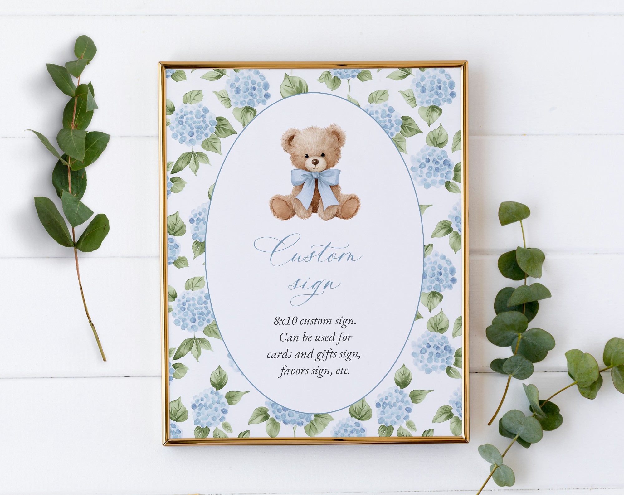 Baby Bear and Blue Flowers Custom Sign, Printable File, Edit Yourself, SH241 SH242 Baby Bear and Blue Flowers Custom Sign, Printable File, Edit Yourself, SH241 SH242