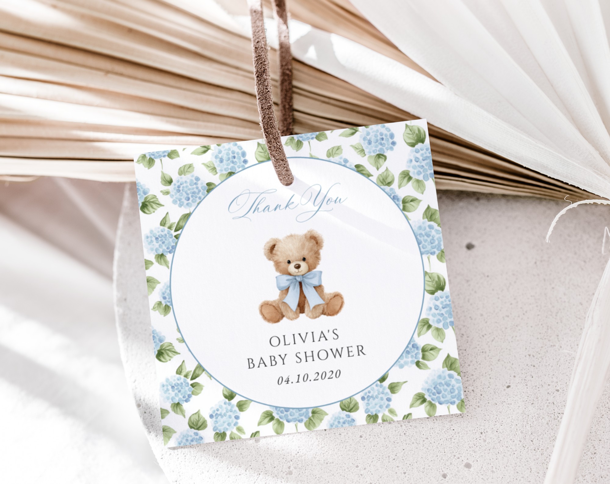 Baby Bear and Blue Flowers Favor Tags, Gift Tags, Boy Baby Shower, Printable File, Edit Yourself, SH241