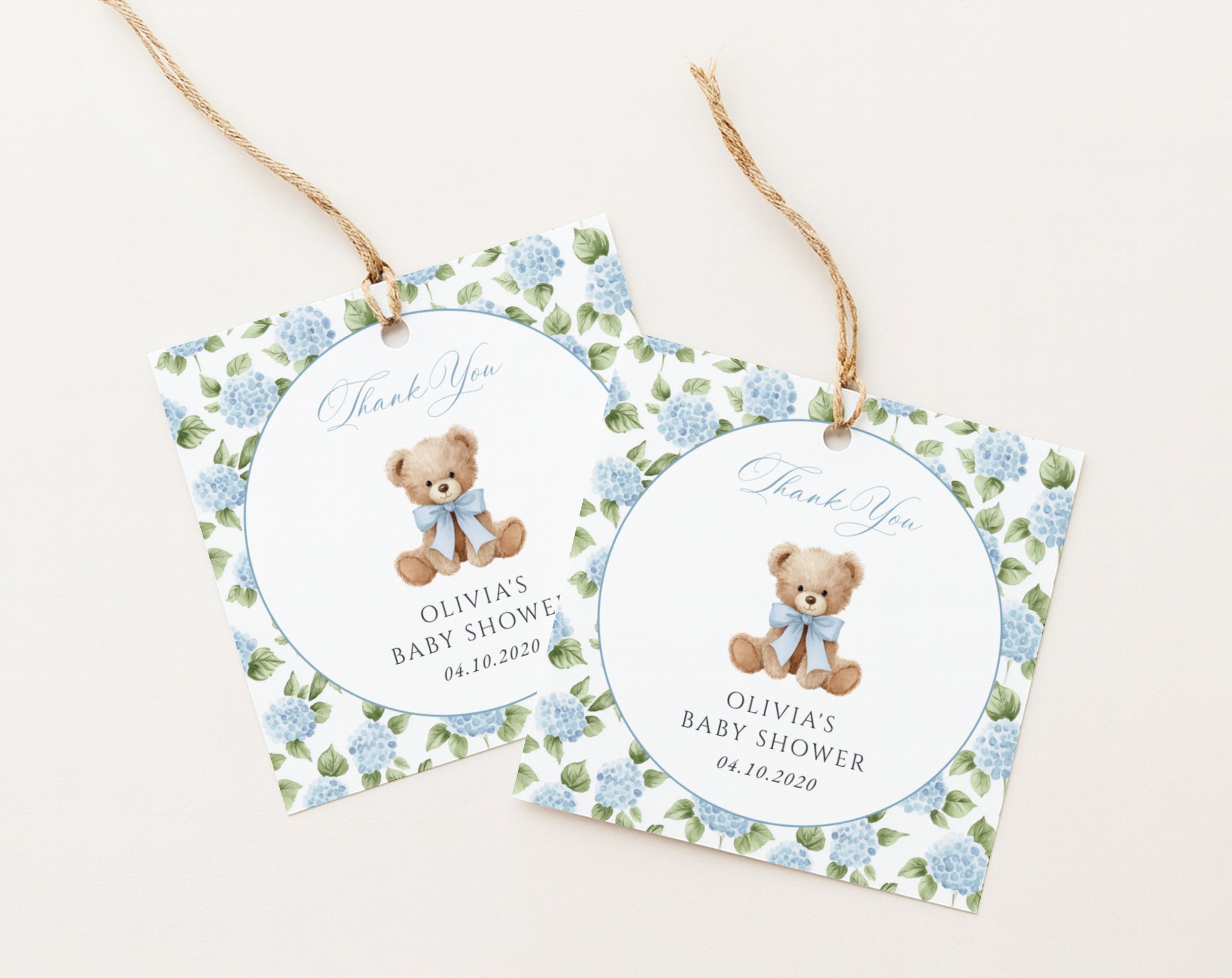 Baby Bear and Blue Flowers Favor Tags, Gift Tags, Boy Baby Shower, Printable File, Edit Yourself, SH241