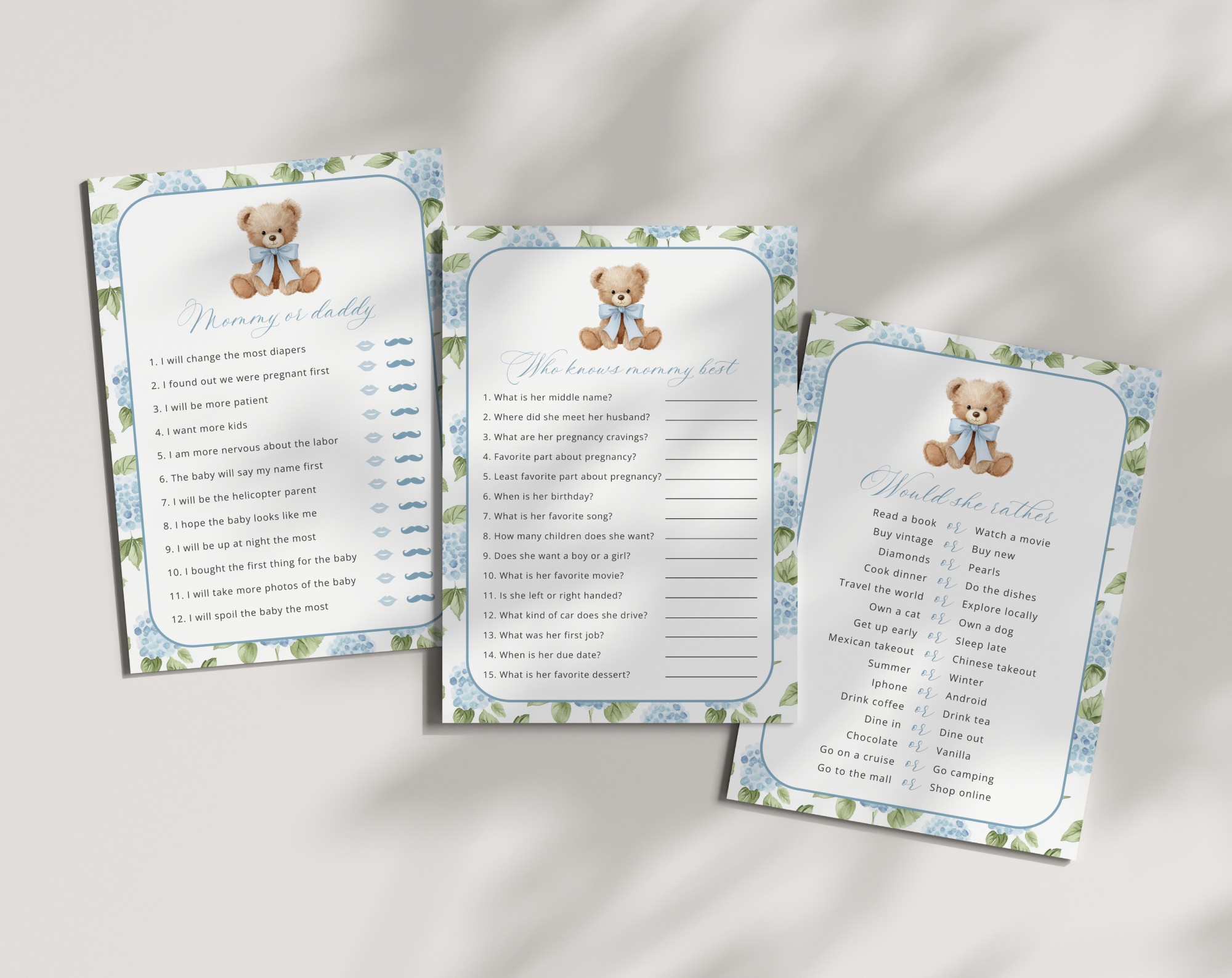 Baby Bear and Blue Flowers Baby Shower Games, Set of 3 Games, Boy Baby Shower, Printable File, Edit Yourself, SH241