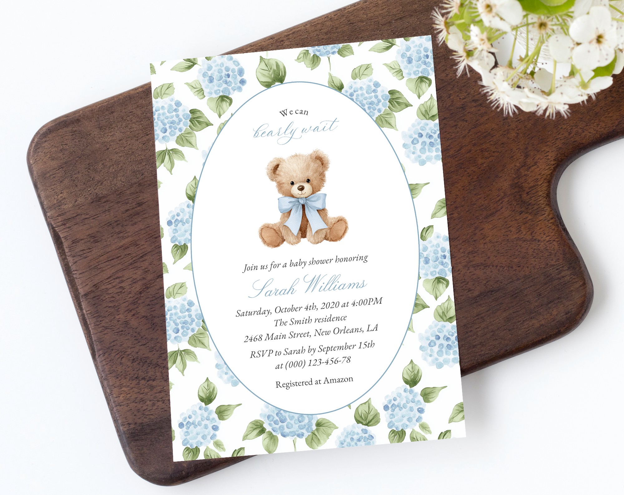 Baby Bear and Blue Flowers Baby Shower Invitation, Boy Baby Shower, Printable File, Edit Yourself, SH241