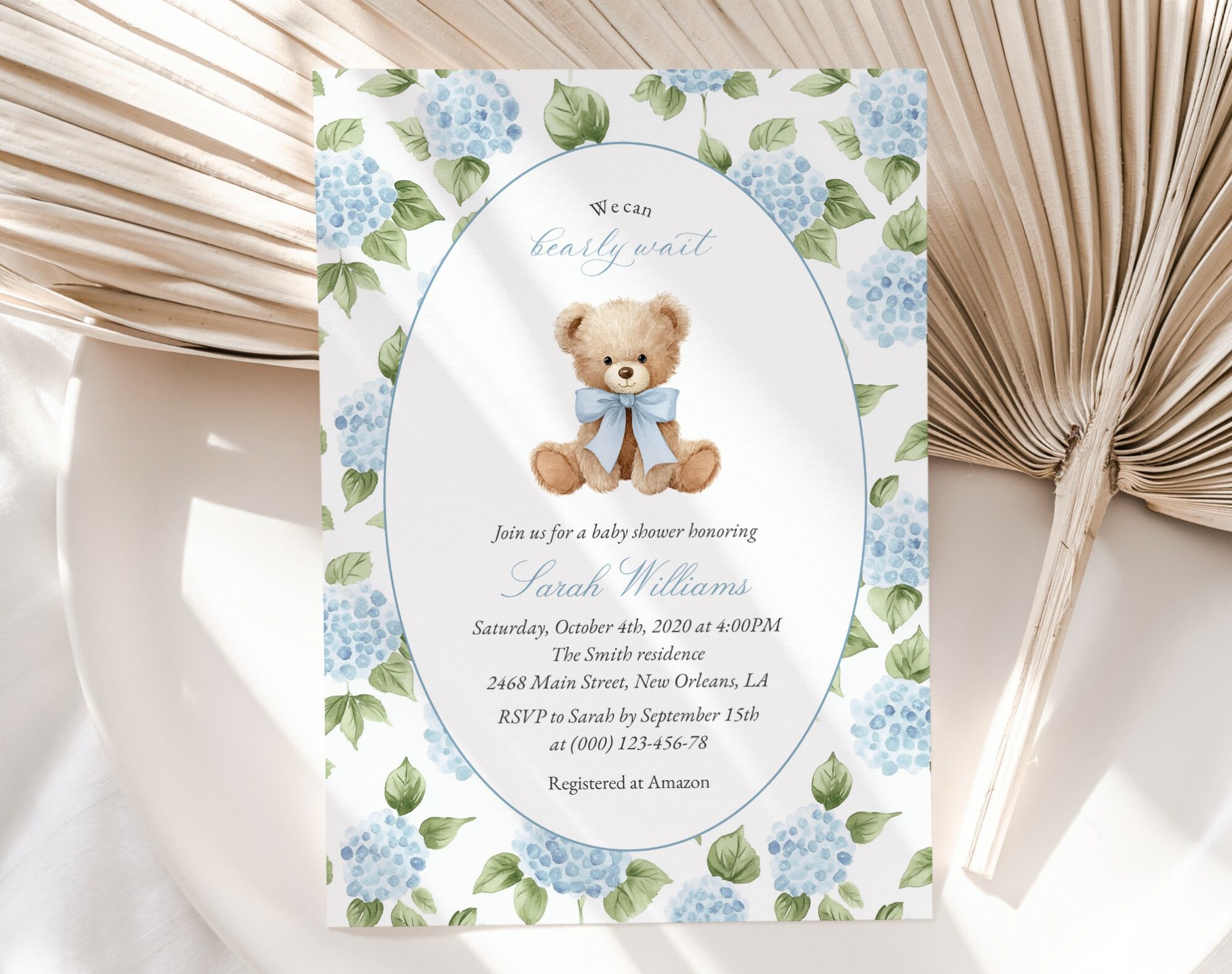 Baby Bear and Blue Flowers Baby Shower Invitation, Boy Baby Shower, Printable File, Edit Yourself, SH241