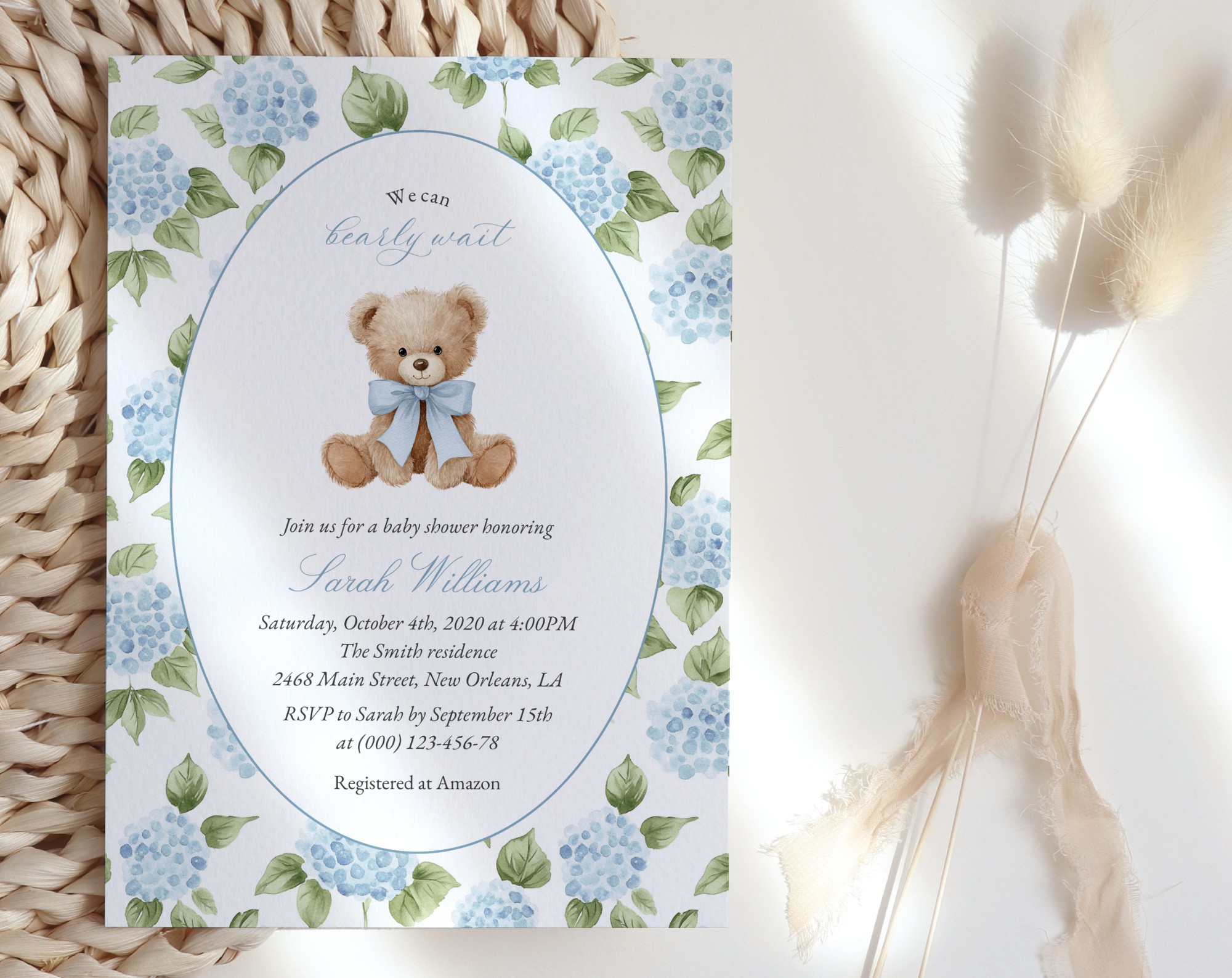 Baby Bear and Blue Flowers Baby Shower Invitation, Boy Baby Shower, Printable File, Edit Yourself, SH241