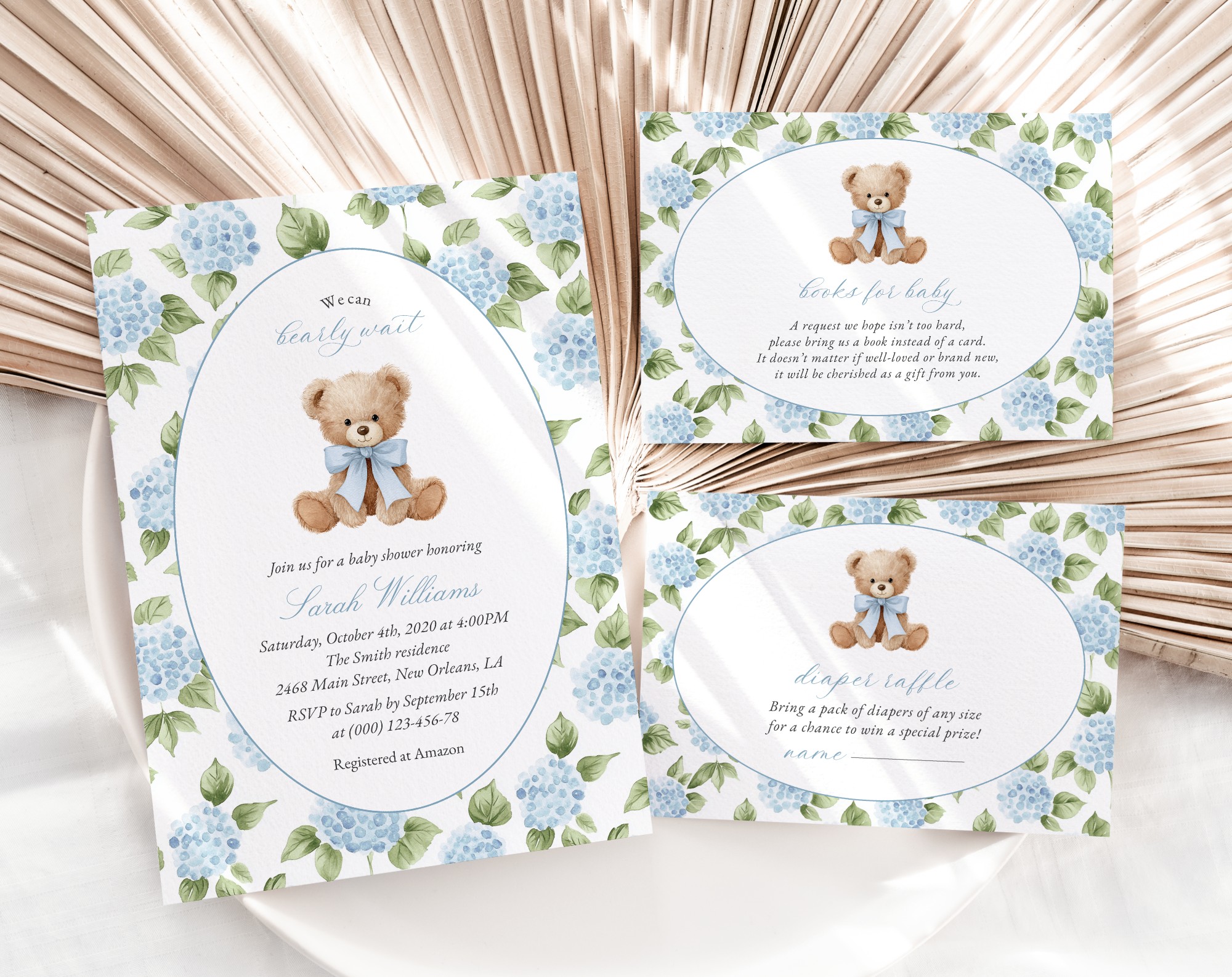 Baby Bear and Blue Flowers Baby Shower Invitation Suite, Boy Baby Shower, Printable File, Edit Yourself, SH241