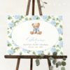 Baby Bear and Blue Flowers Welcome Sign, Baby Shower Sign, Boy Baby Shower, Printable File, Edit Yourself, SH241