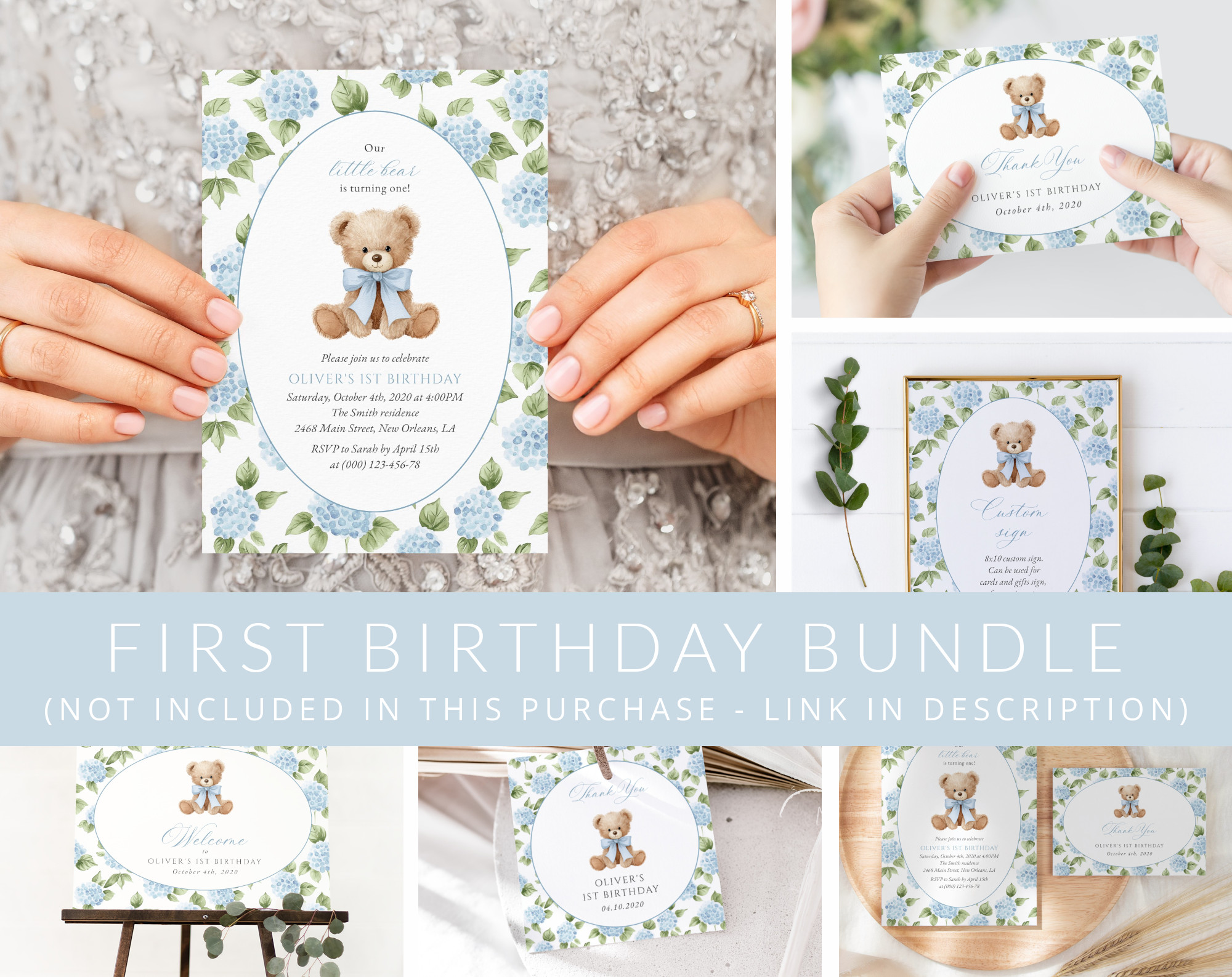 Baby Bear and Blue Flowers First Birthday Mini Bundle, Boy Birthday, Printable File, Edit Yourself, SH242 Baby Bear and Blue Flowers First Birthday Mini Bundle, Boy Birthday, Printable File, Edit Yourself, SH242