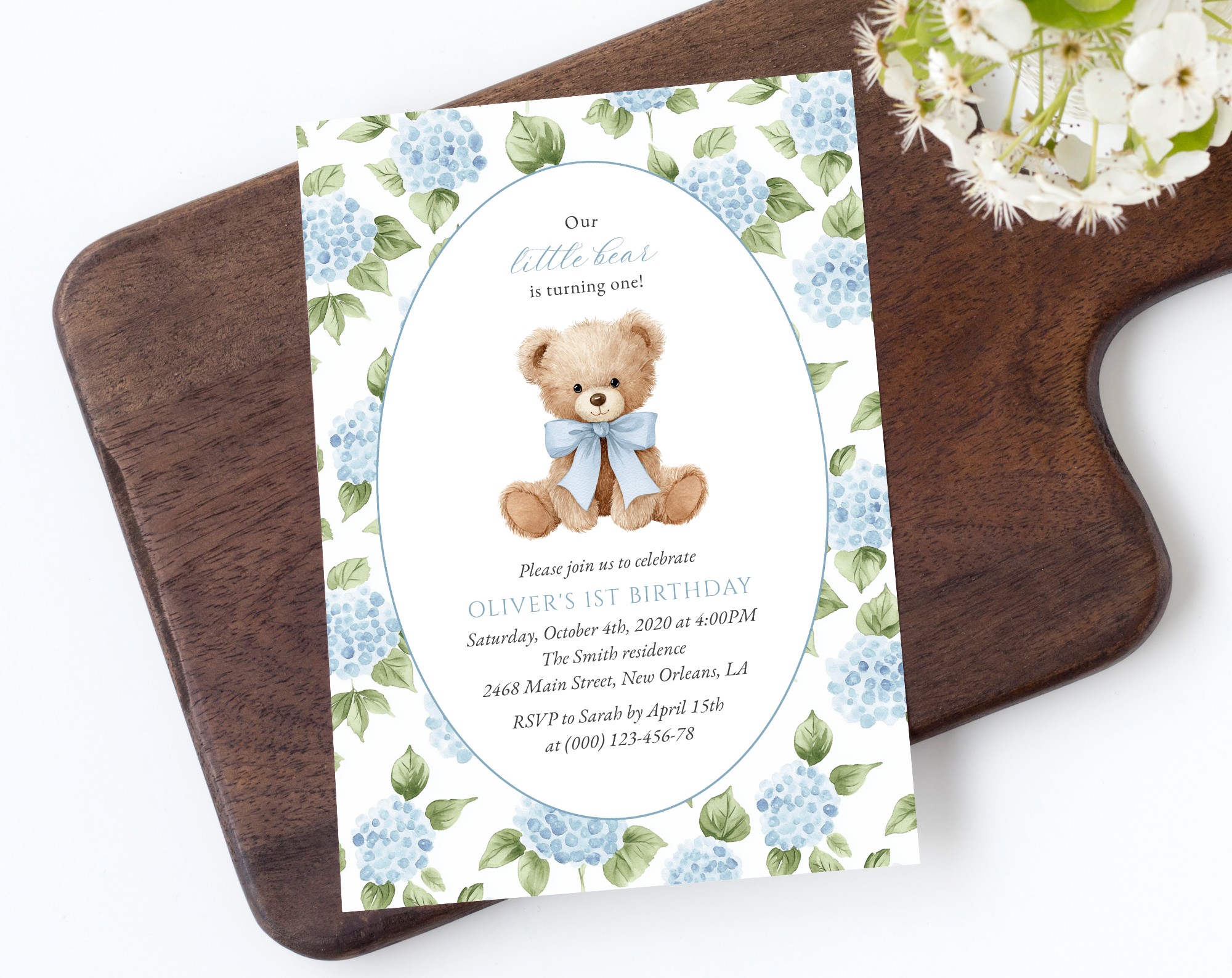 Baby Bear and Blue Flowers First Birthday Invitation, Birthday Stationery, Boy Birthday, Printable File, Edit Yourself, SH242