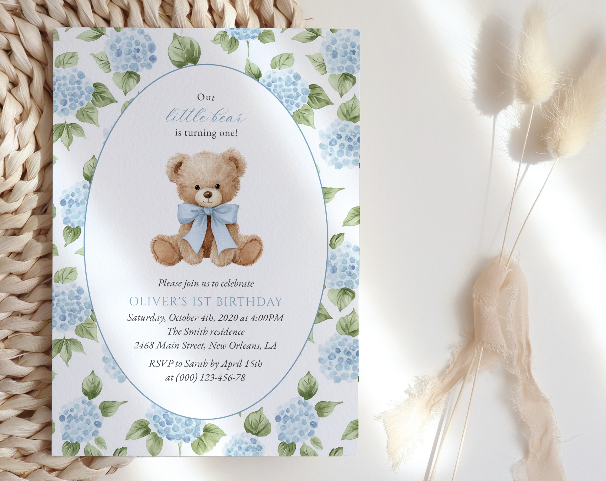 Baby Bear and Blue Flowers First Birthday Invitation, Birthday Stationery, Boy Birthday, Printable File, Edit Yourself, SH242 Baby Bear and Blue Flowers First Birthday Invitation, Birthday Stationery, Boy Birthday, Printable File, Edit Yourself, SH242