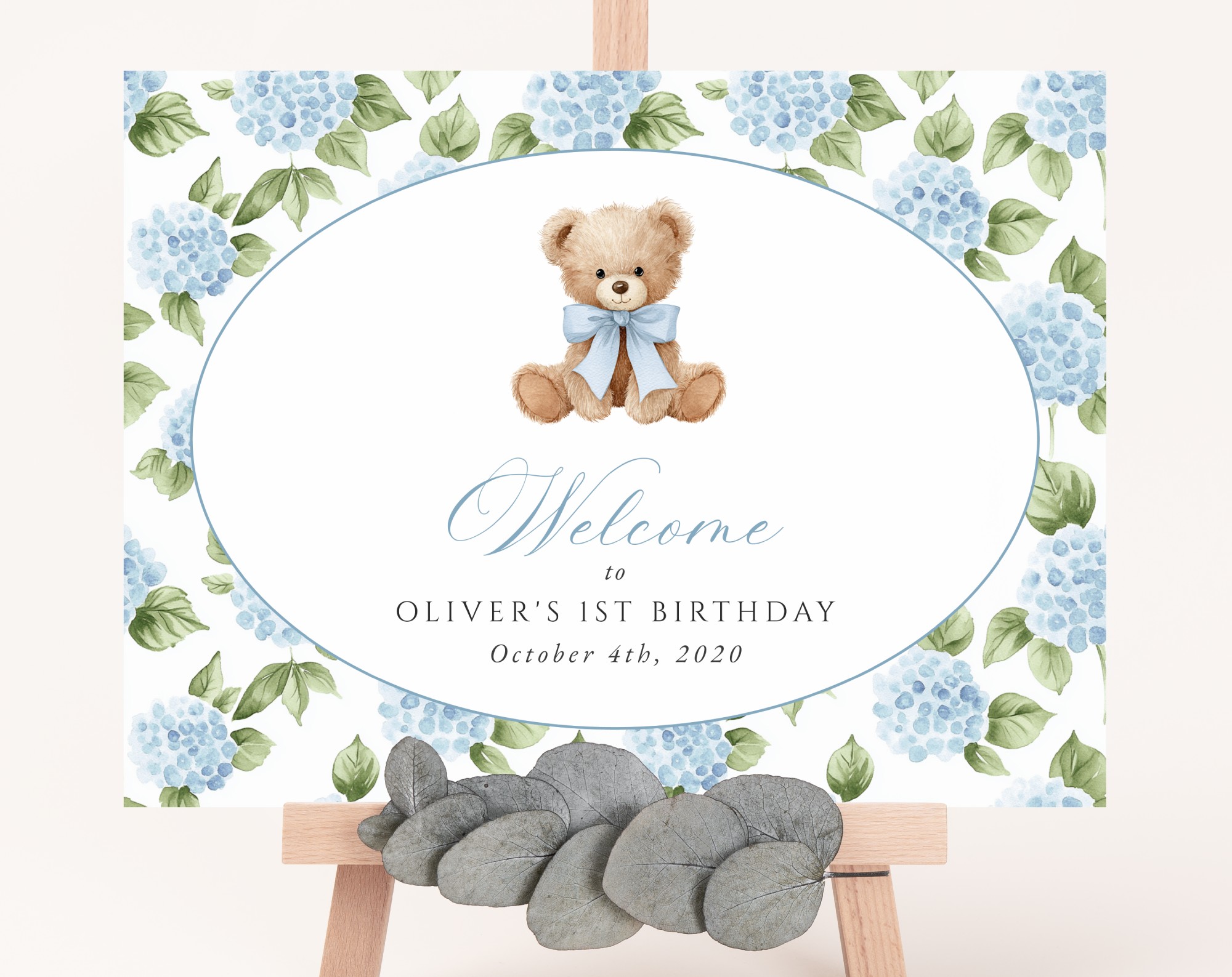 Baby Bear and Blue Flowers Welcome Sign, First Birthday, Boy Birthday, Printable File, Edit Yourself, SH242 Baby Bear and Blue Flowers Welcome Sign, First Birthday, Boy Birthday, Printable File, Edit Yourself, SH242