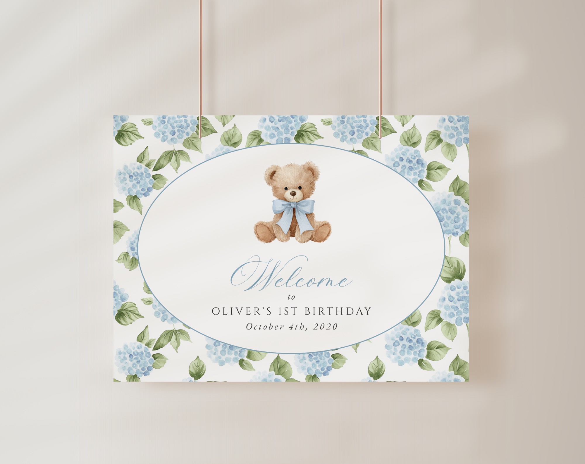 Baby Bear and Blue Flowers Welcome Sign, First Birthday, Boy Birthday, Printable File, Edit Yourself, SH242 Baby Bear and Blue Flowers Welcome Sign, First Birthday, Boy Birthday, Printable File, Edit Yourself, SH242