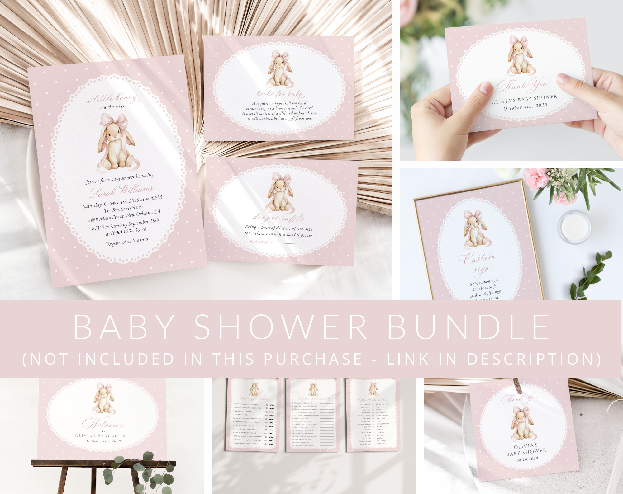 Bunny and Pink Polka Dots Baby Shower Mini Bundle, Girl Baby Shower, Printable File, Edit Yourself, SH243