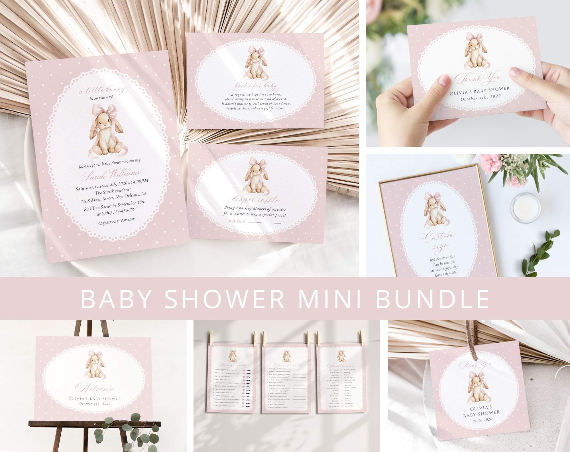 Bunny and Pink Polka Dots Baby Shower Mini Bundle, Girl Baby Shower, Printable File, Edit Yourself, SH243